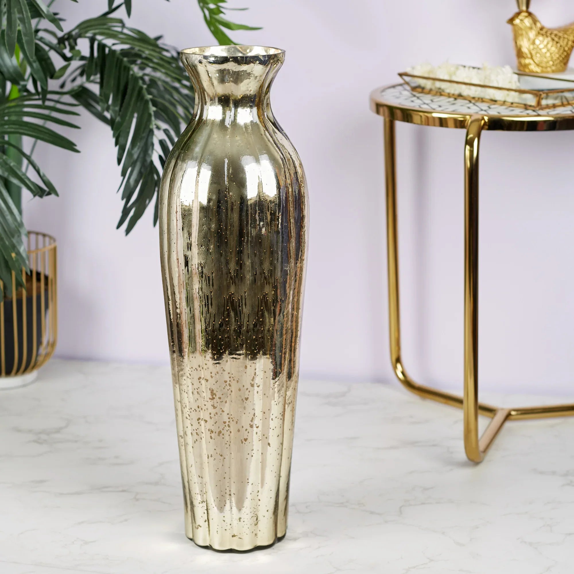Phiona Glass Tall Fluted Handcrafted Mercury Vase 54 Cm in Gold Colour - HomeTown