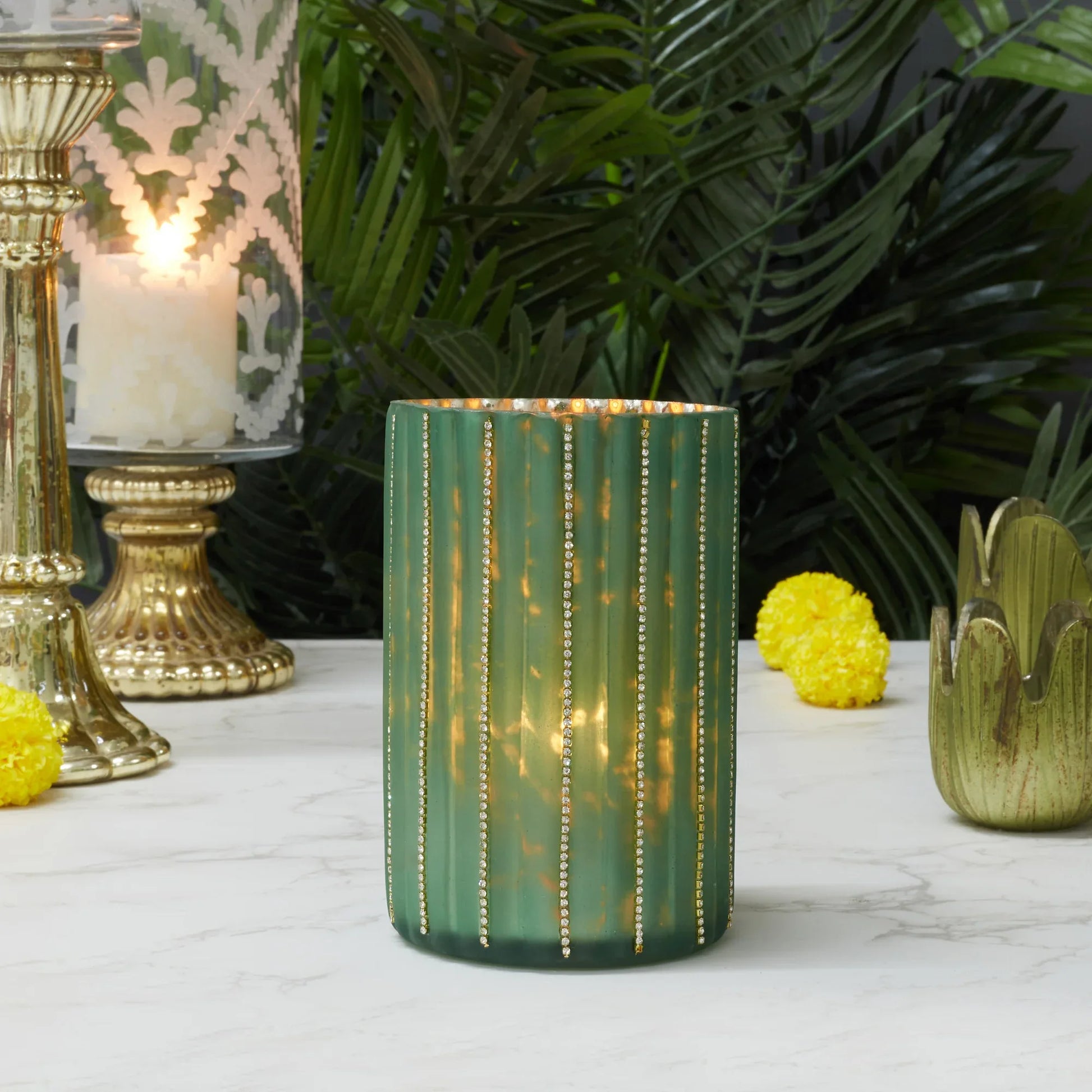 Phiona Glass Diamond Stud Handcrafted Votive 15 Cm in Emerald Colour - HomeTown