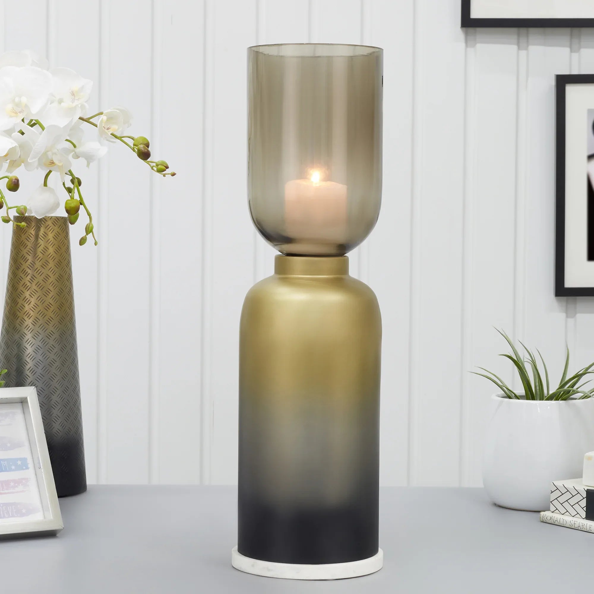 Zeus Iron and Glass Ombre Floor Hurricane 20x63 Cm in Antique Gold & Black Colour - HomeTown