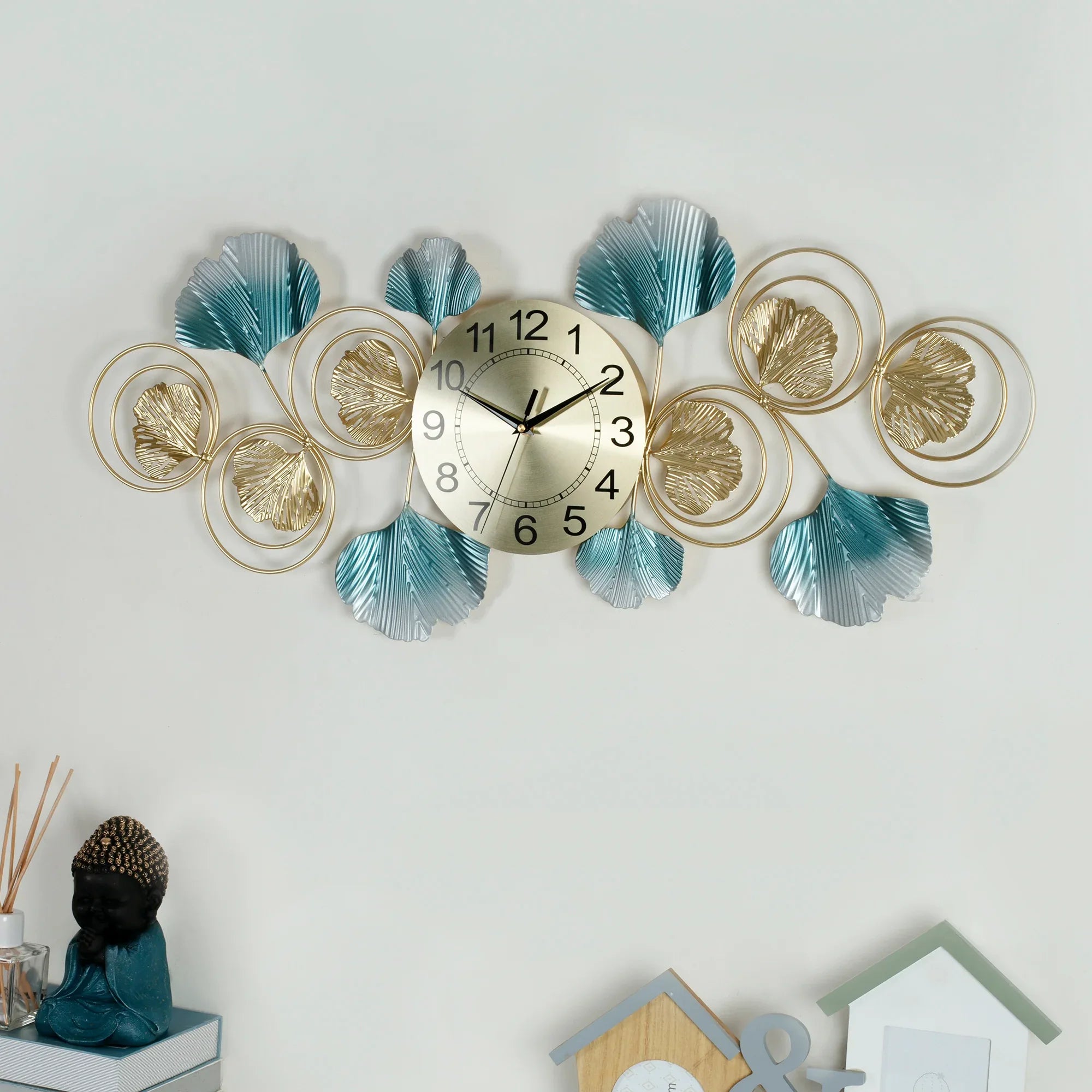 Rhythm Metal And Aluminum Gingko Magna Wall Clock in Seagreen & Gold Colour - HomeTown