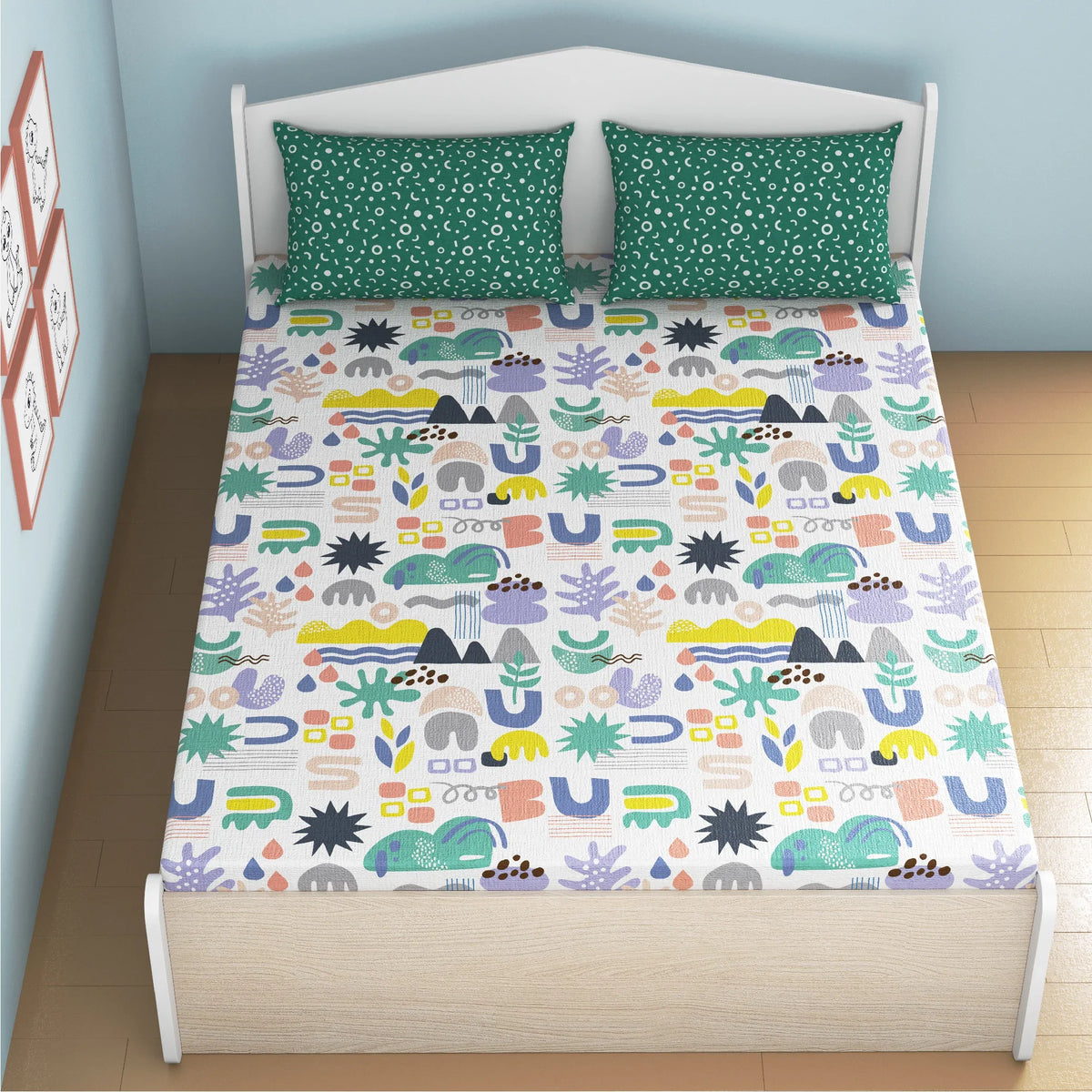 Oodles of Doodles Bamboo Cotton Queen Fitted Bedsheet in Multi Colour - HomeTown