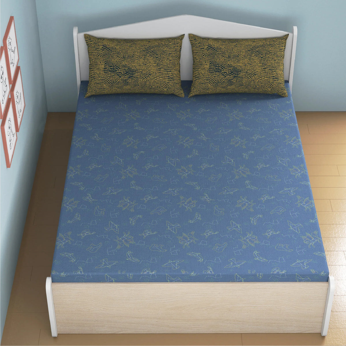 Constellation Glow Bamboo Cotton Queen Fitted Bedsheet in Blue Colour - HomeTown
