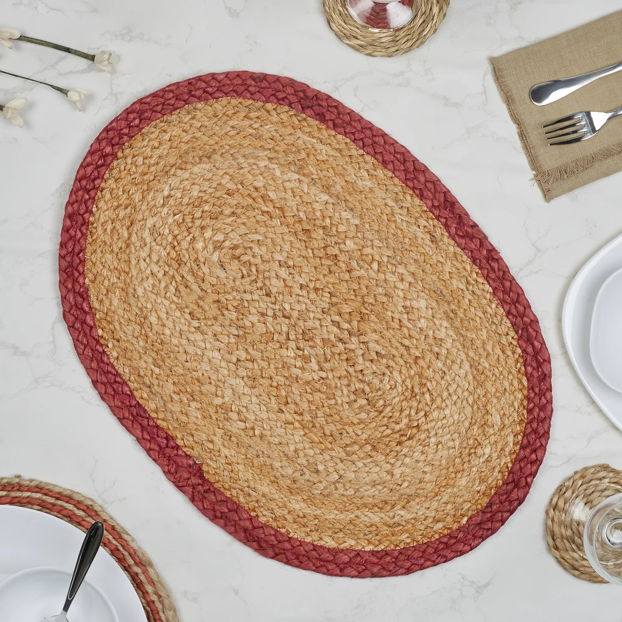 Boho Handmade Jute Placemat 38x38 Cm in Natural & Rust Colour - HomeTown