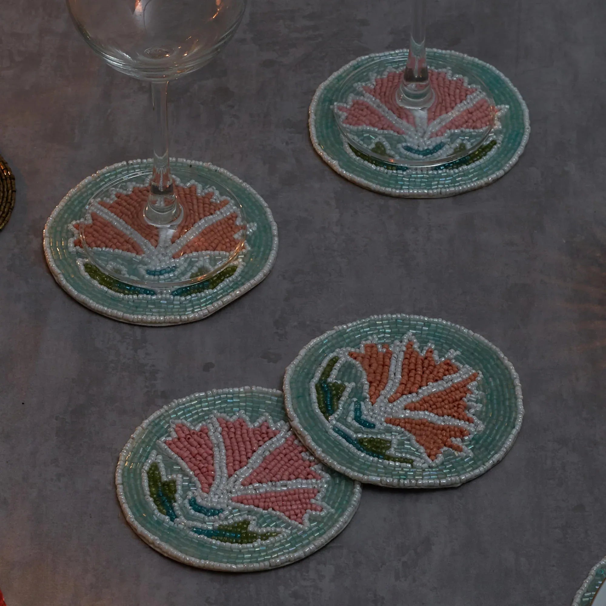 Anar Handmade Beaded Coaster Set Of 4 Dia 10 Cm in Multi Colour - HomeTown