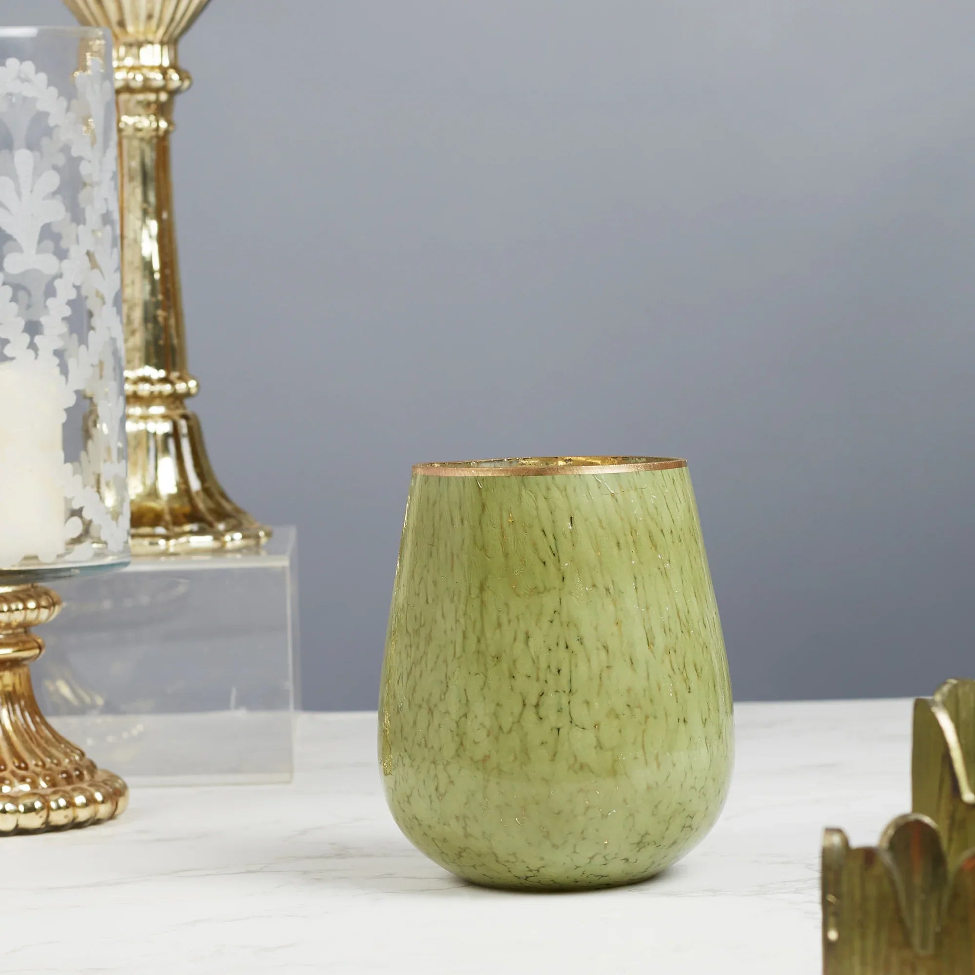 Phiona Glass Textured Handcrafted Vase 15 Cm in Olive Colour - HomeTown