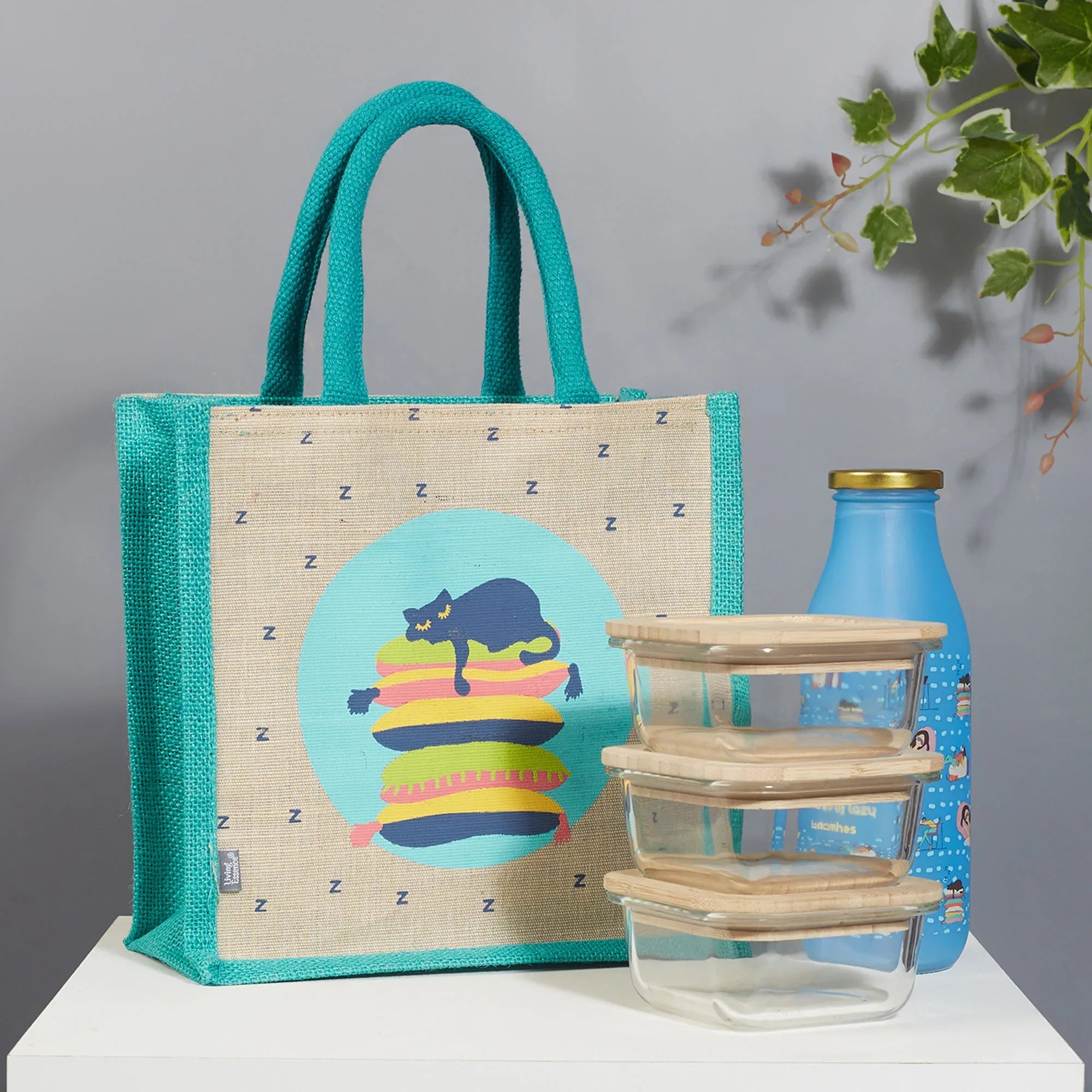 Good Life Jute Reversible Lazy Lamhe Printed Lunch Bag 25.5 x 25.5 Cm in Turq Colour - HomeTown