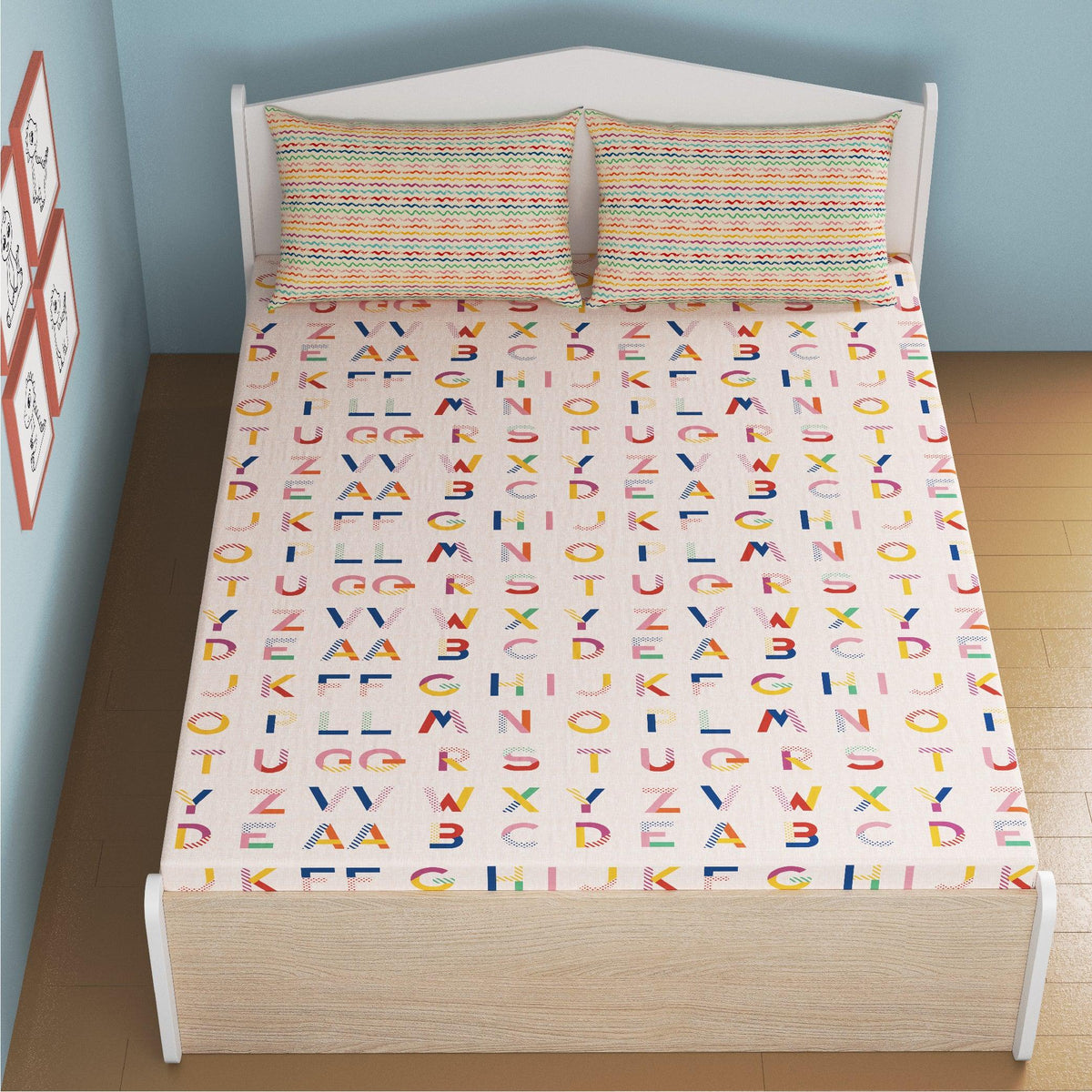 Crossword Scrabble Bamboo Cotton Queen Fitted Bedsheet in Multi Colour - HomeTown