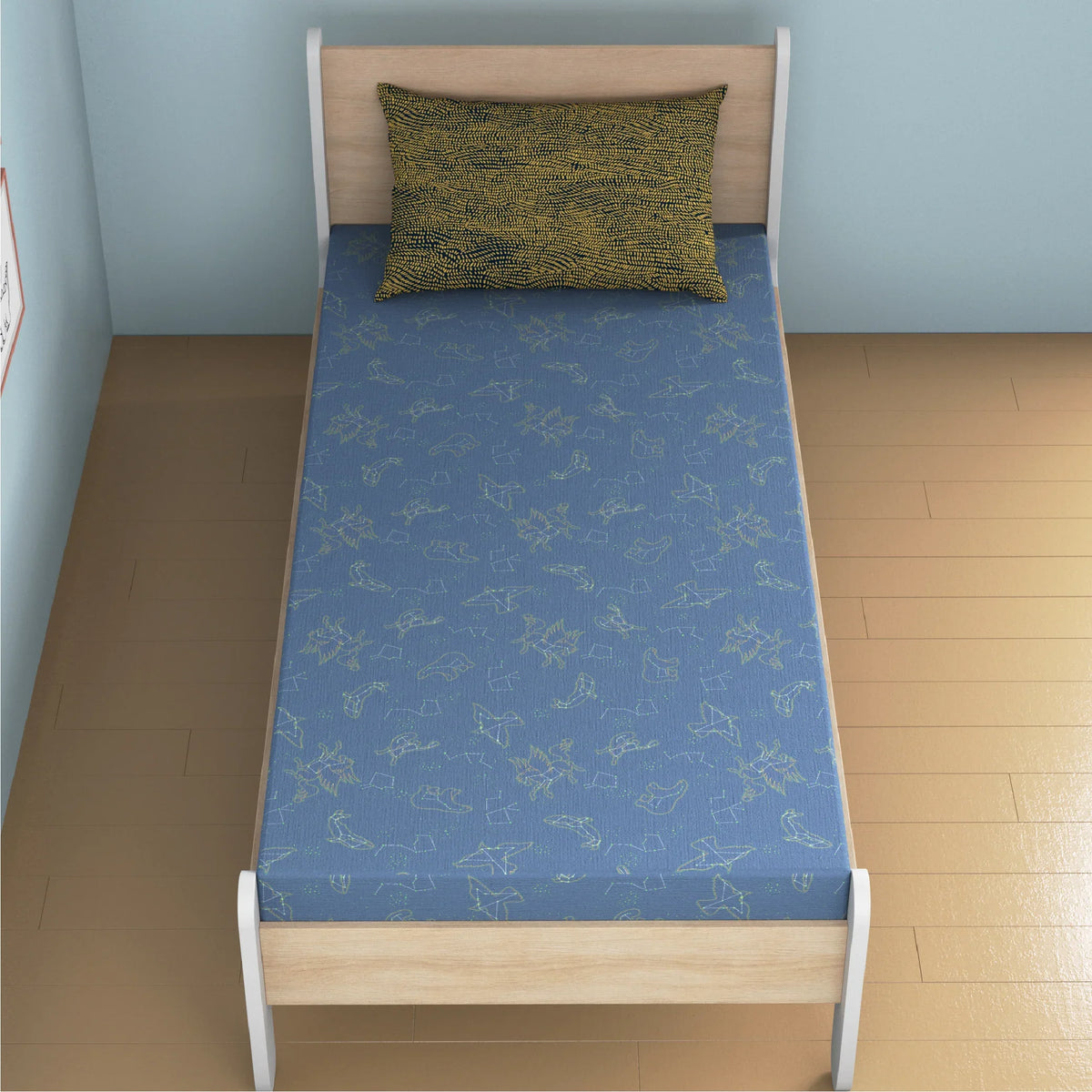 Constellation Glow Bamboo Cotton Single Fitted Bedsheet in Blue Colour - HomeTown