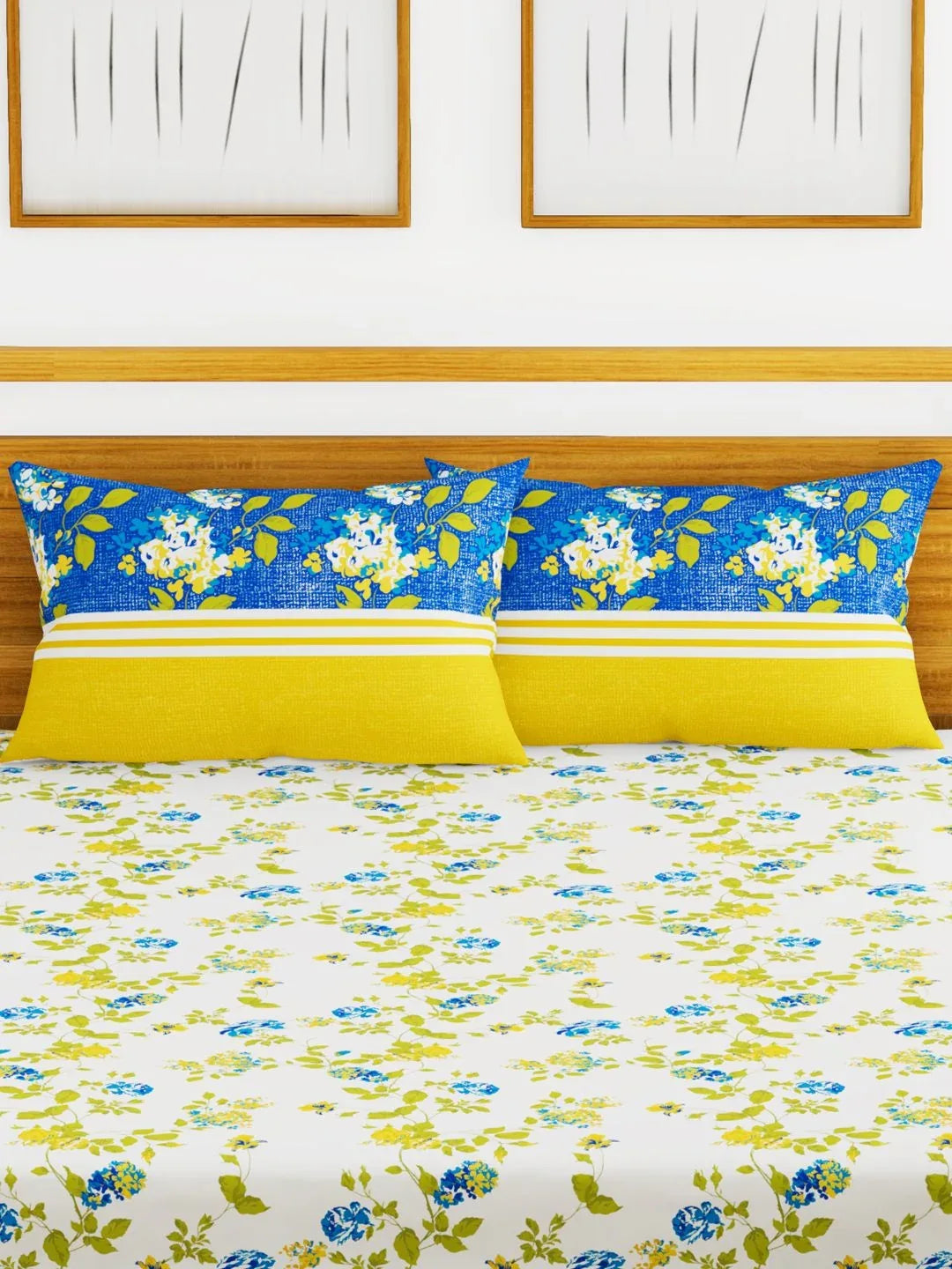 Chantal Cotton Double Bed Sheet 229X274 Cm 210 Tc in White/Blue Colour - HomeTown