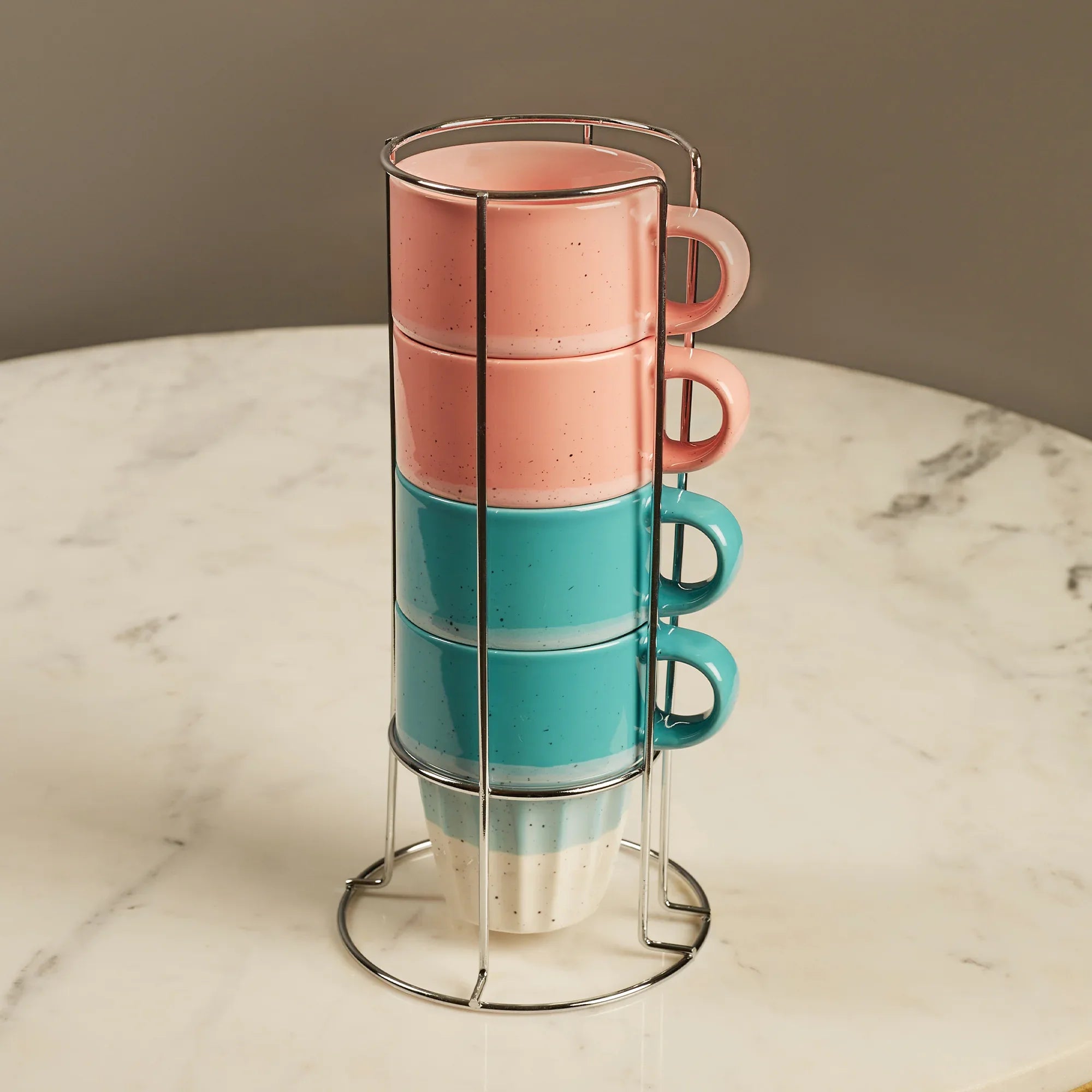Emilia Ceramic Coffee Mugs Set Of 4 With Metal Stand in Blue & Pink Colour - HomeTown