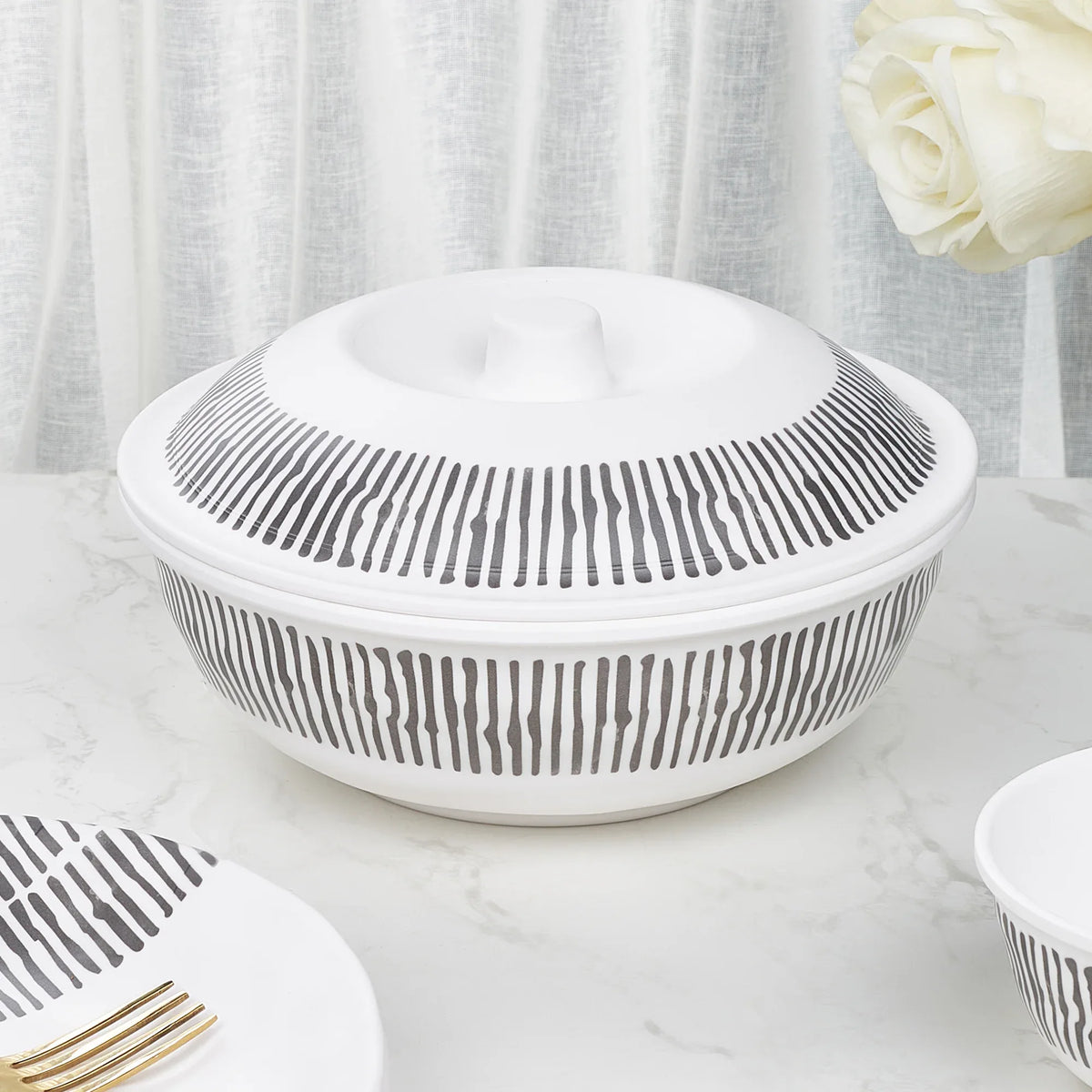 Linea Melamine Serving Bowl with Lid in Black & White Colour - HomeTown