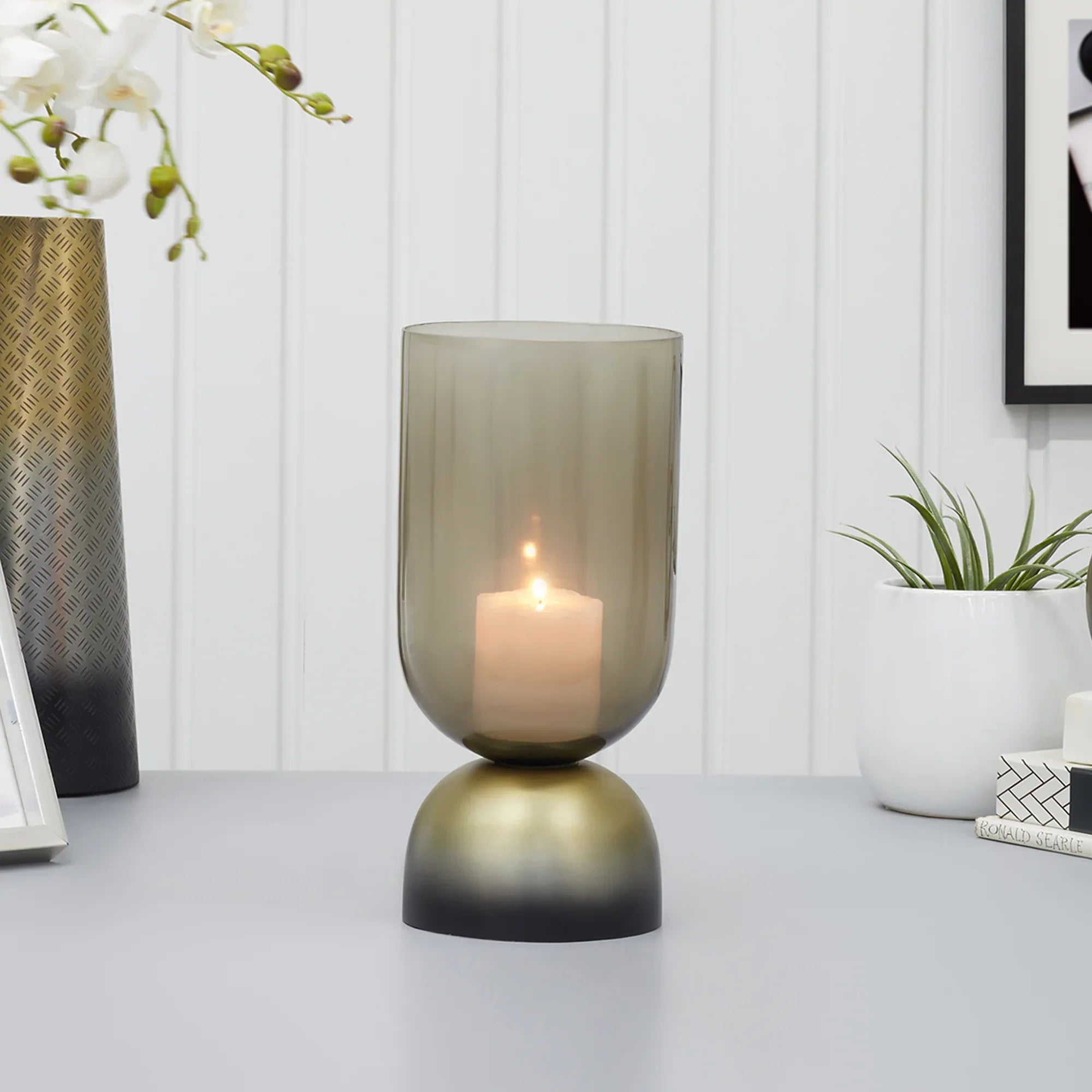 Zeus Iron and Glass Ombre Chimney Hurricane 17x35 Cm in Antique Gold & Black Colour - HomeTown