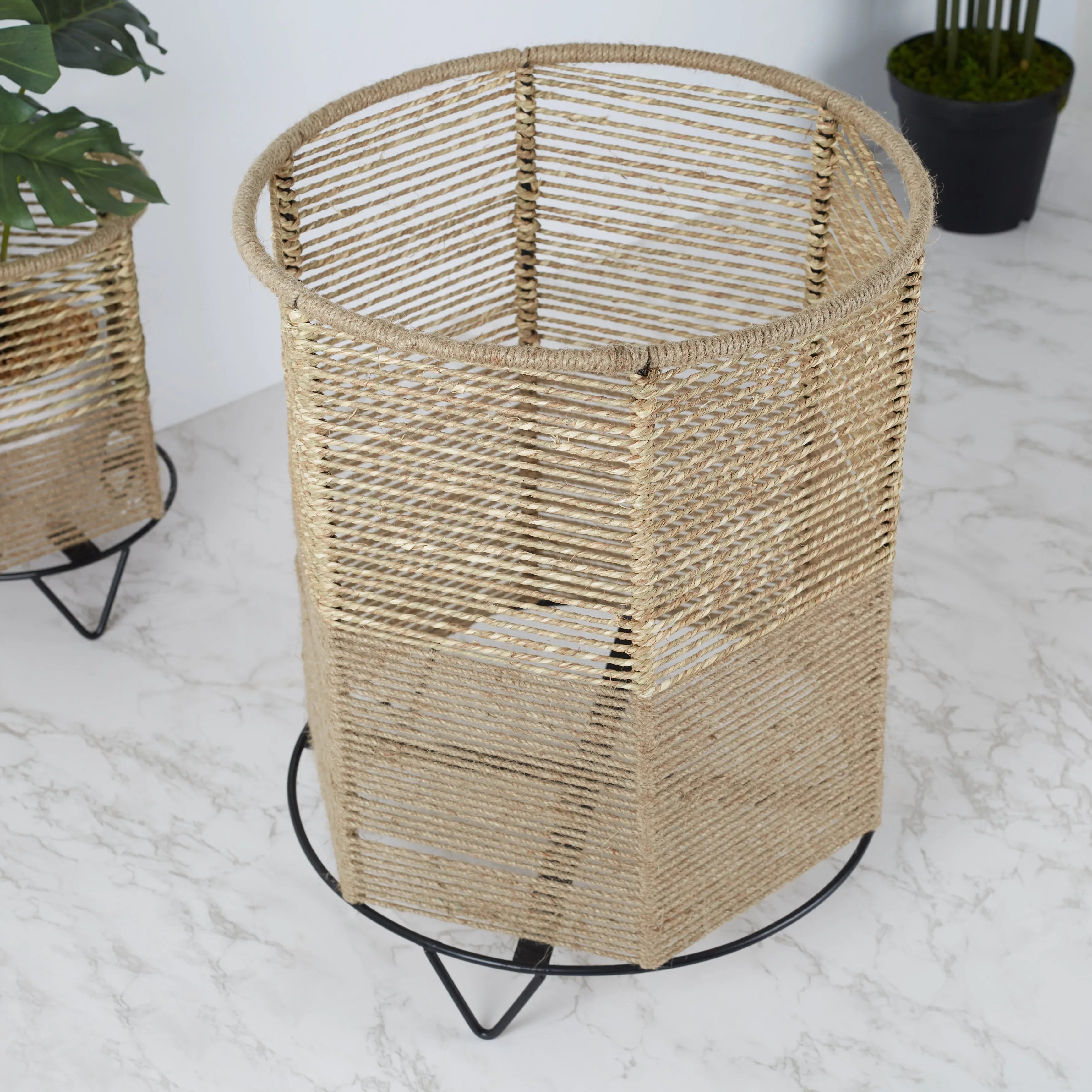Boho Metal And Natural Fiber Planter Stand 42Cm in Brown Colour - HomeTown