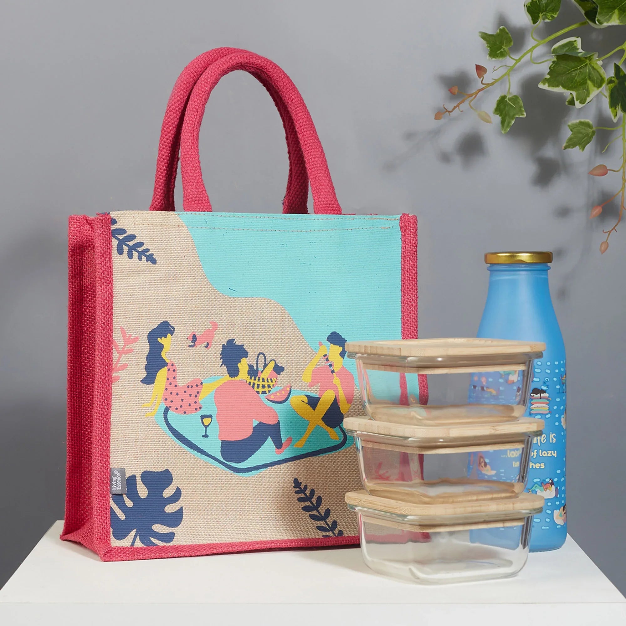 Good Life Jute Reversible Salt, Sea & Snack Printed Lunch Bag 25.5 x 25.5 Cm in Pink Colour - HomeTown