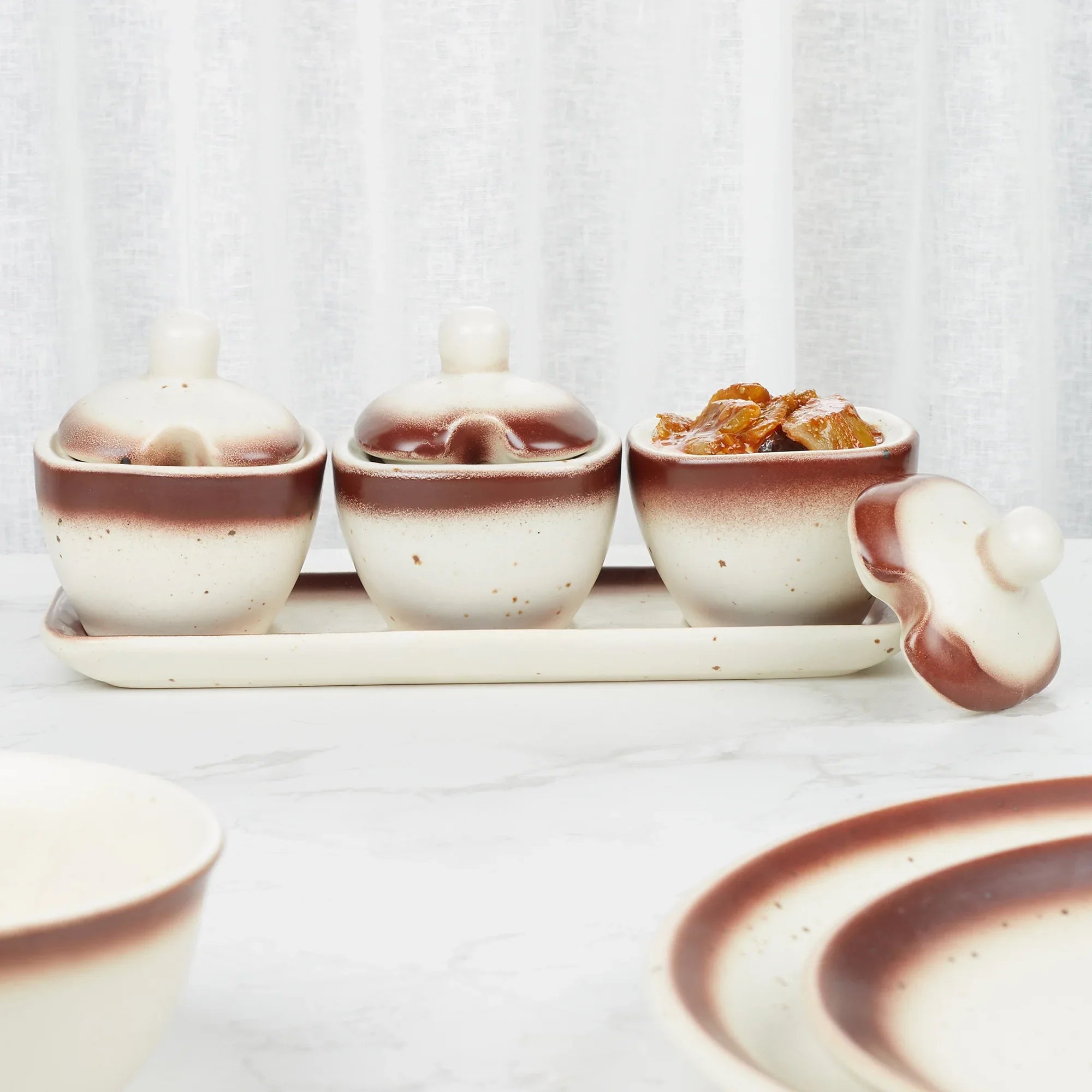 Beautiful Kitchen Studio Pottery Stoneware Condiment/Pickle Set of 3 in Beige Colour - HomeTown