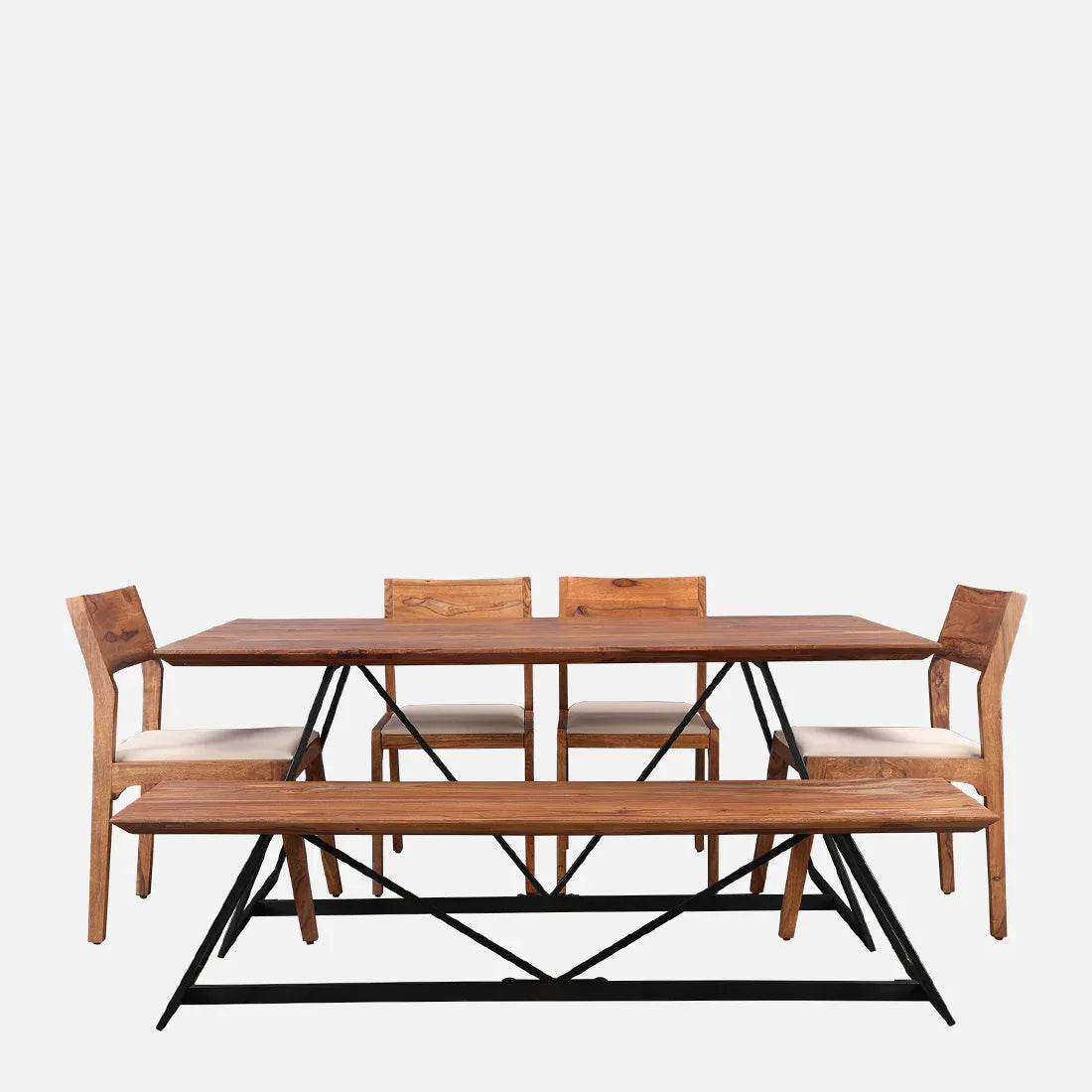 Axel Solidwood Six Seater Dining Set With Bench in Natural Sheesham Colour - HomeTown