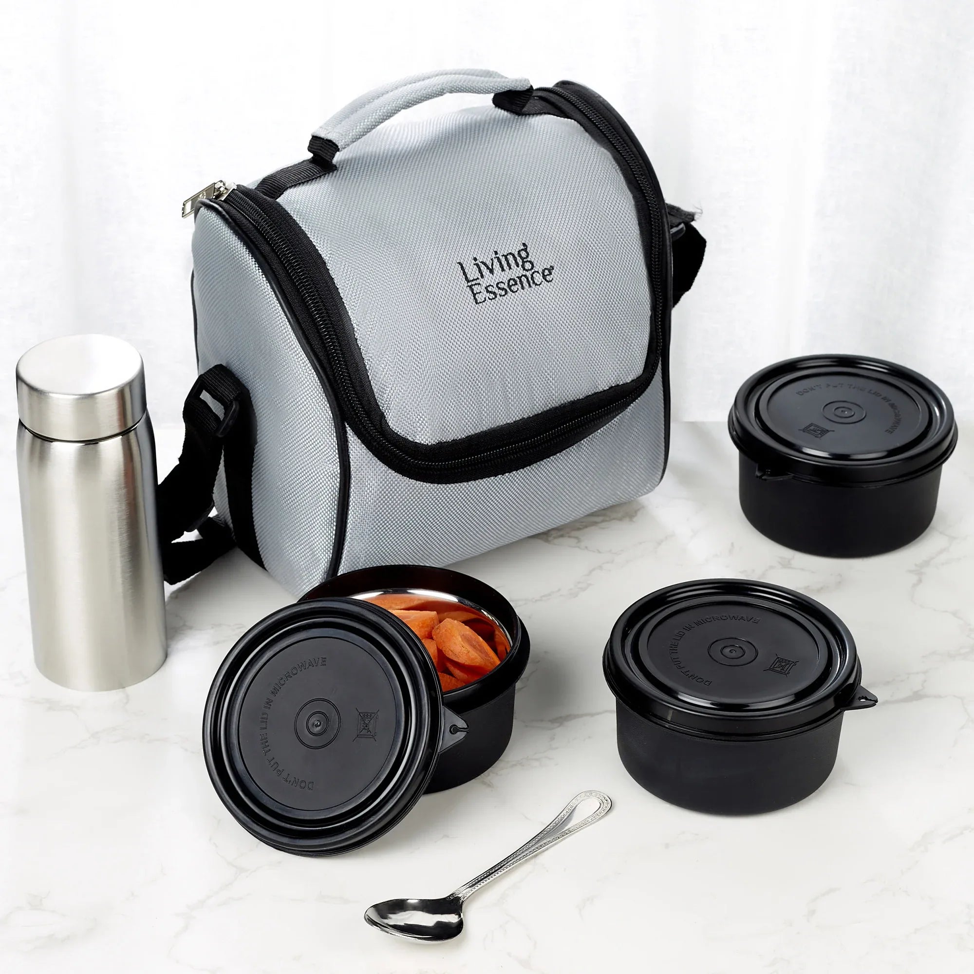 Microsafe 100% BPA Free Plastic & Stainless Steel Exa Lunch Box 400ml Set of 3 + Steel Bottle 500ml + Spoon + Carry Bag in Grey Colour - HomeTown