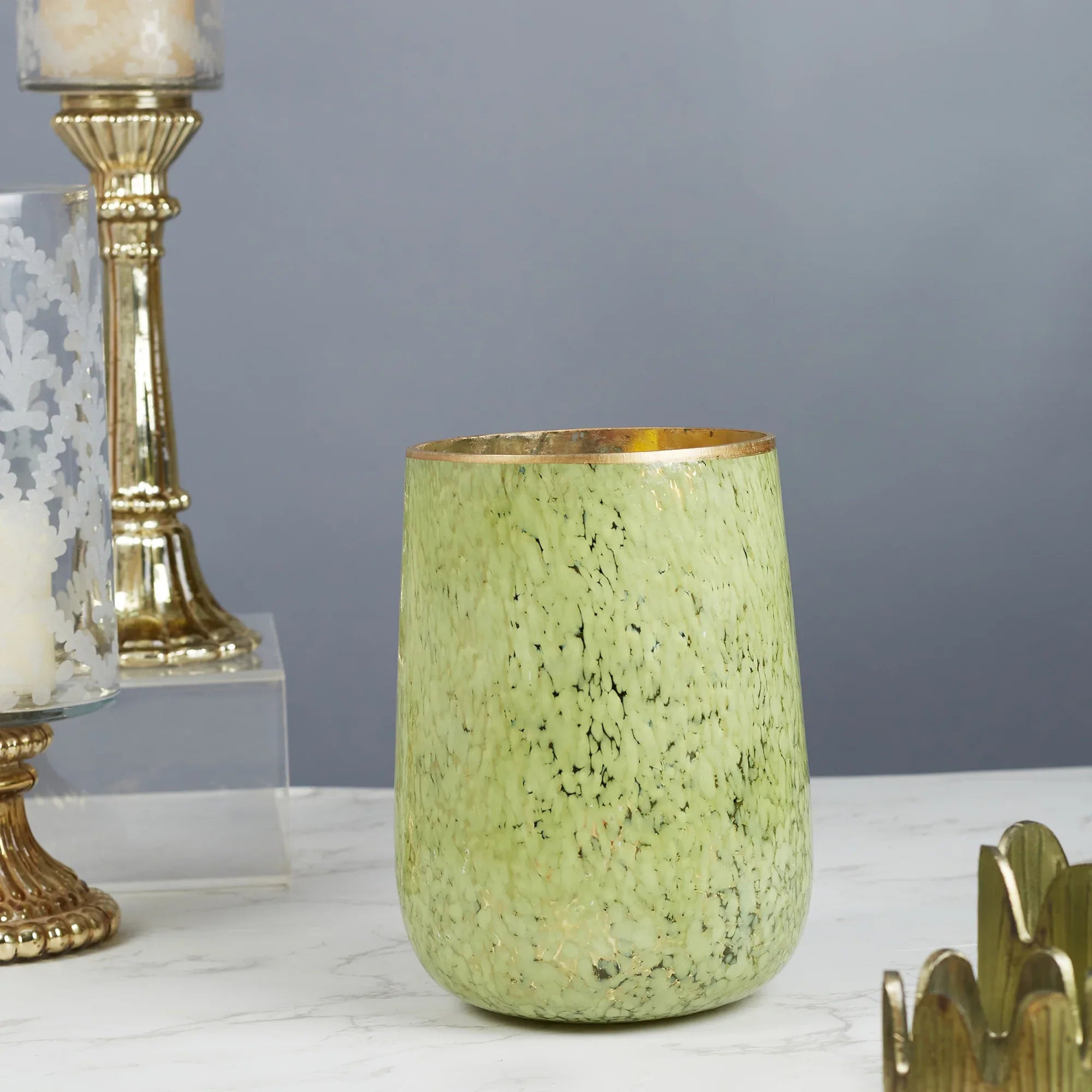 Phiona Glass Textured Handcrafted Vase 21 Cm in Olive Colour - HomeTown