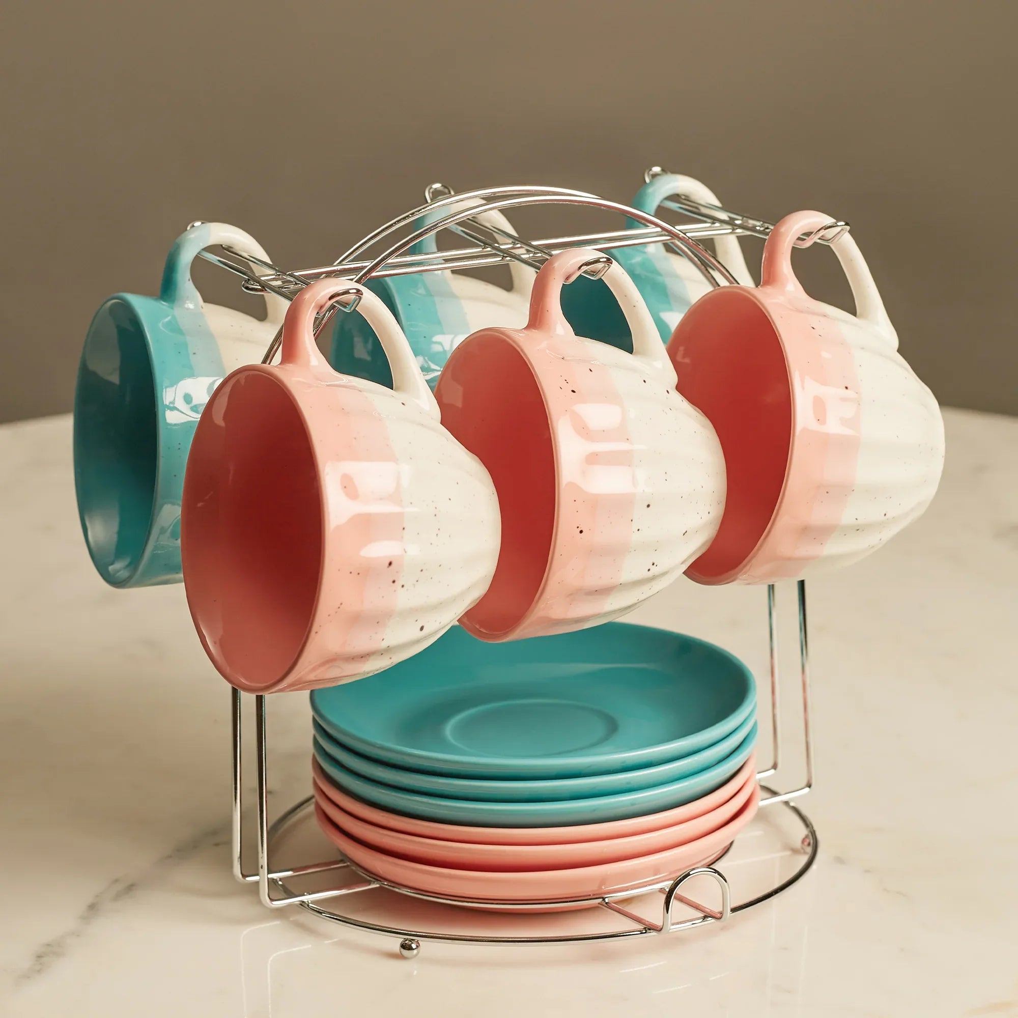 Emilia Ceramic Cup & Saucer Set Of 12 With Metal Stand in Blue & Pink Colour - HomeTown