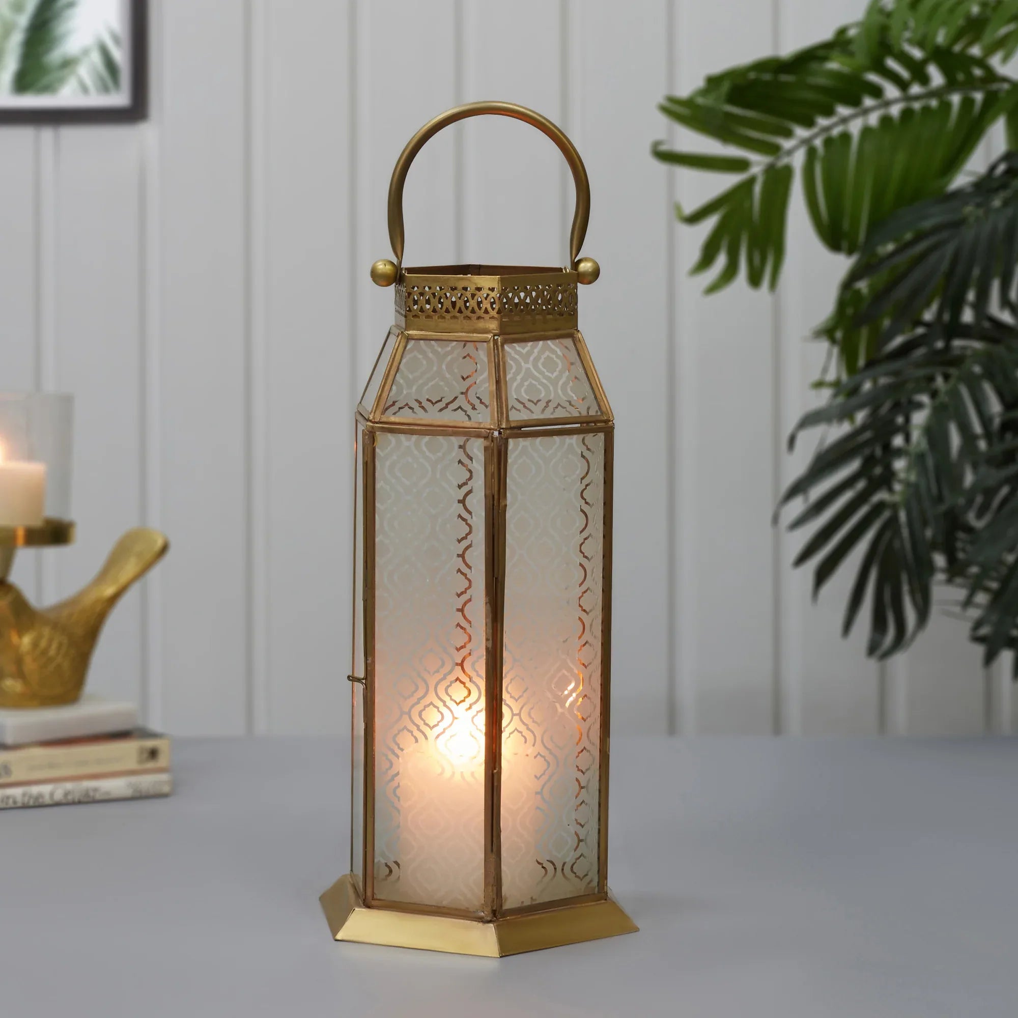 Apollo Iron and Glass Hexagon Lantern 19x37 Cm in Emerald & Gold Colour - HomeTown