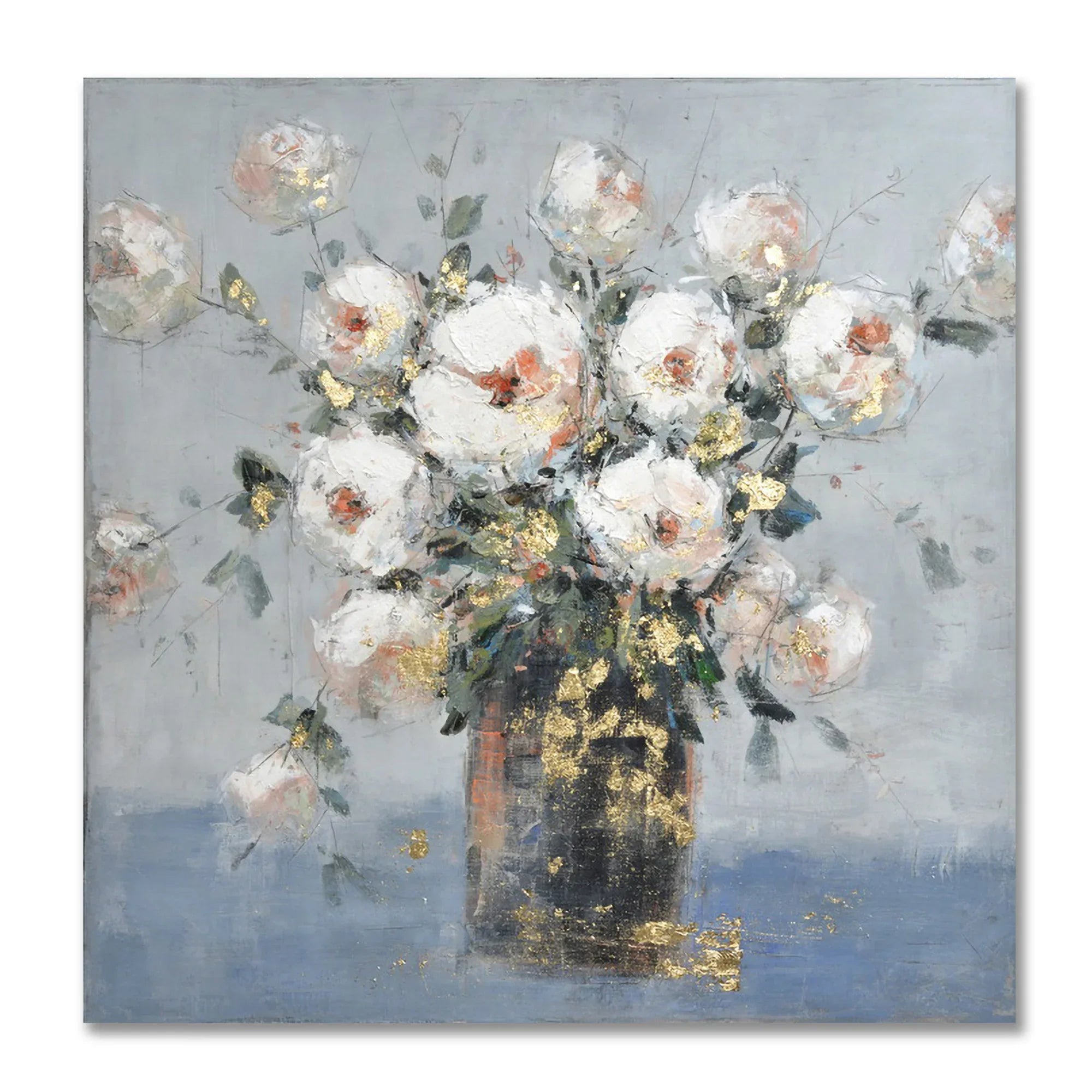 Ilona Blossom Handmade Canvas Painting With Gold Foil 120x120 Cm in White Colour - HomeTown