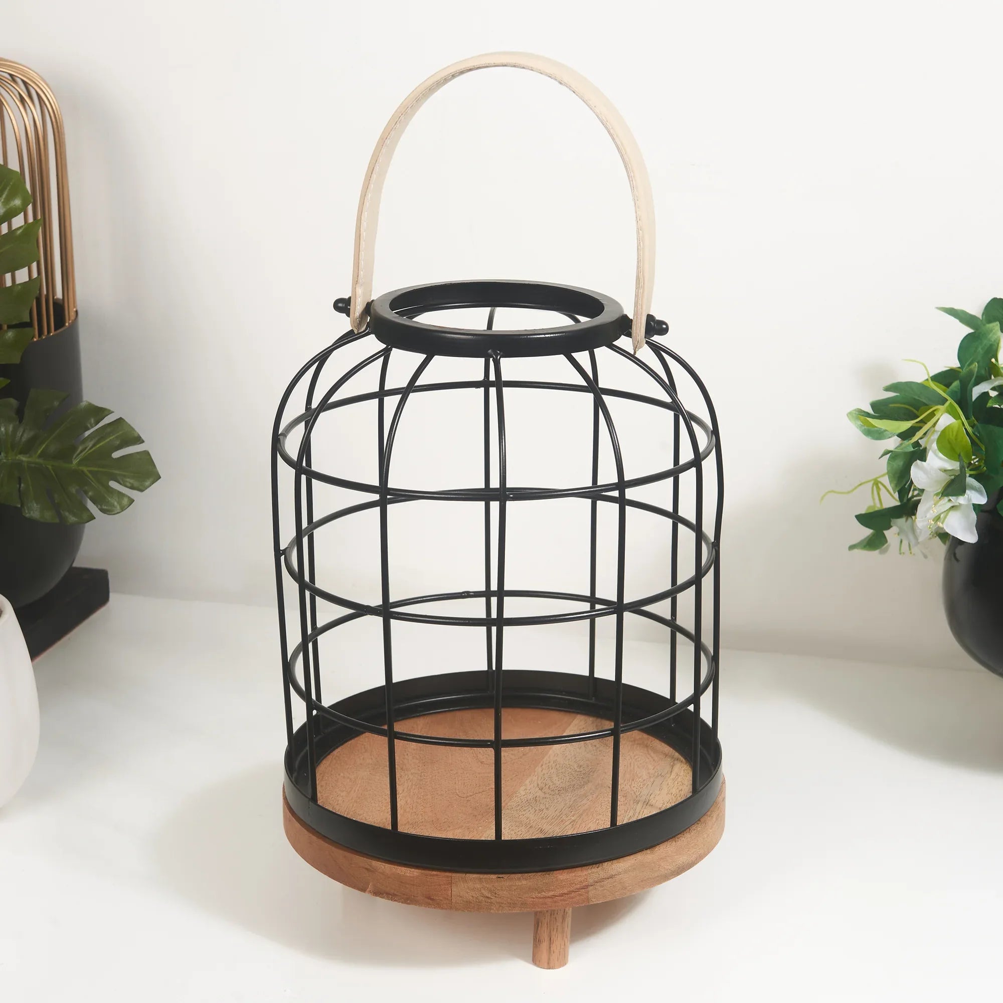 Sovereign Iron and Wood Jali Hanging Lantern 23x34Cm in Black Colour - HomeTown