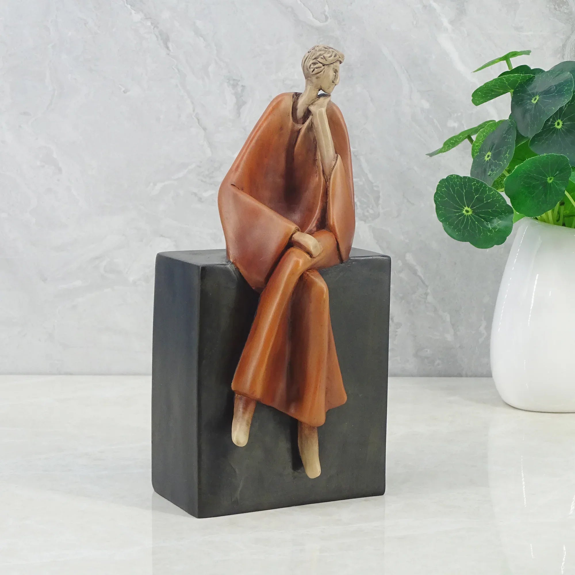 Alpine Polyresin Man Posing On Bench 23 Cm in Brown Colour - HomeTown