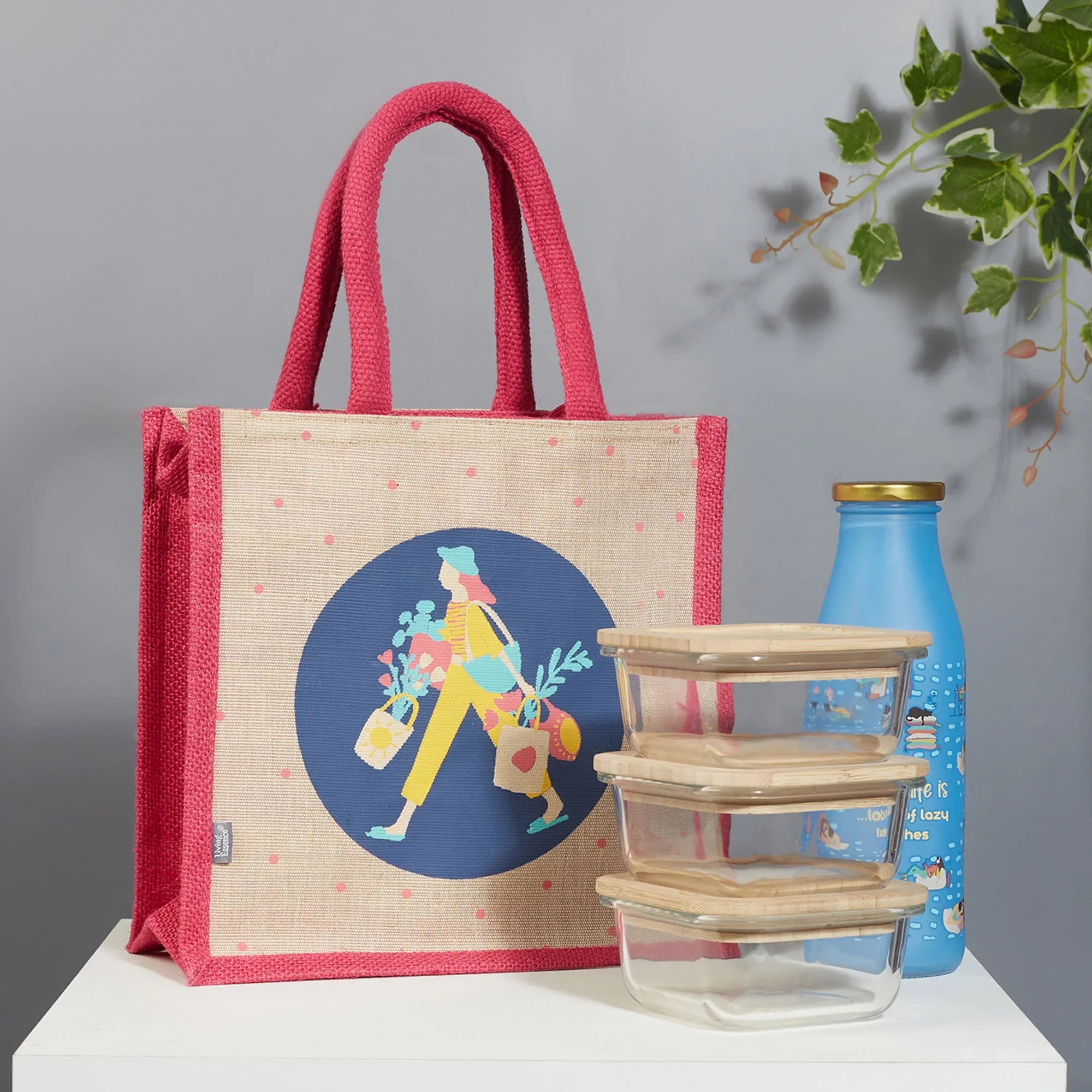 Good Life Jute Reversible Bag Garden Printed Lunch Bag 25.5 x 25.5 Cm in Multi Colour - HomeTown