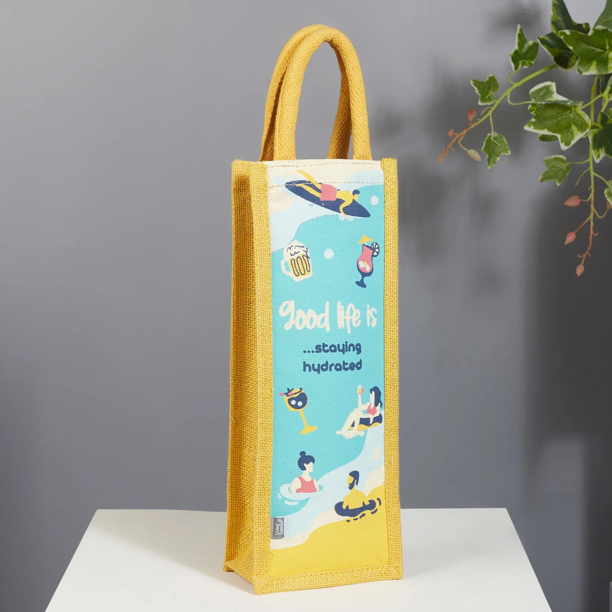 Good Life Jute Reversible Stay Hydrated Printed Zuco Bottle Bag 12 x 35.5 Cm in Turq & Yellow Colour - HomeTown