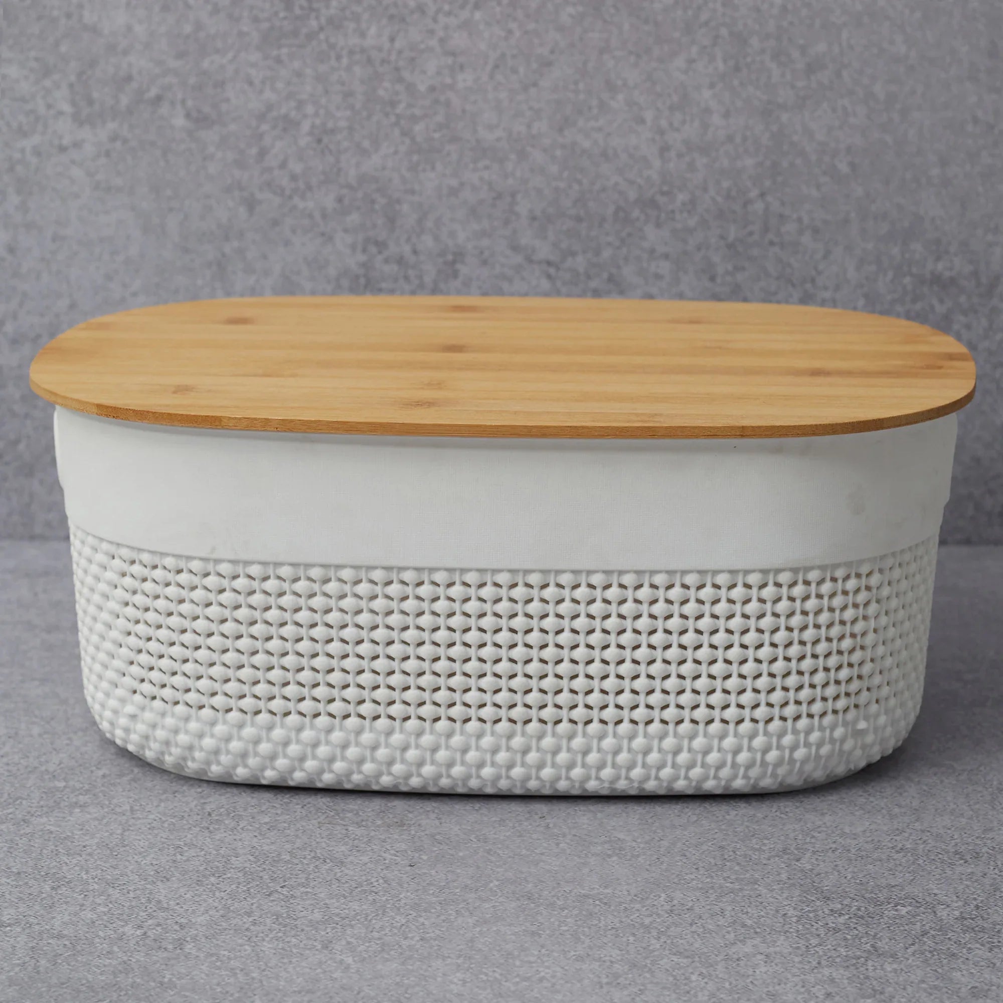 Stereo Plastic Oval Basket With Bamboo Lid 11.5 Ltr in White Colour - HomeTown