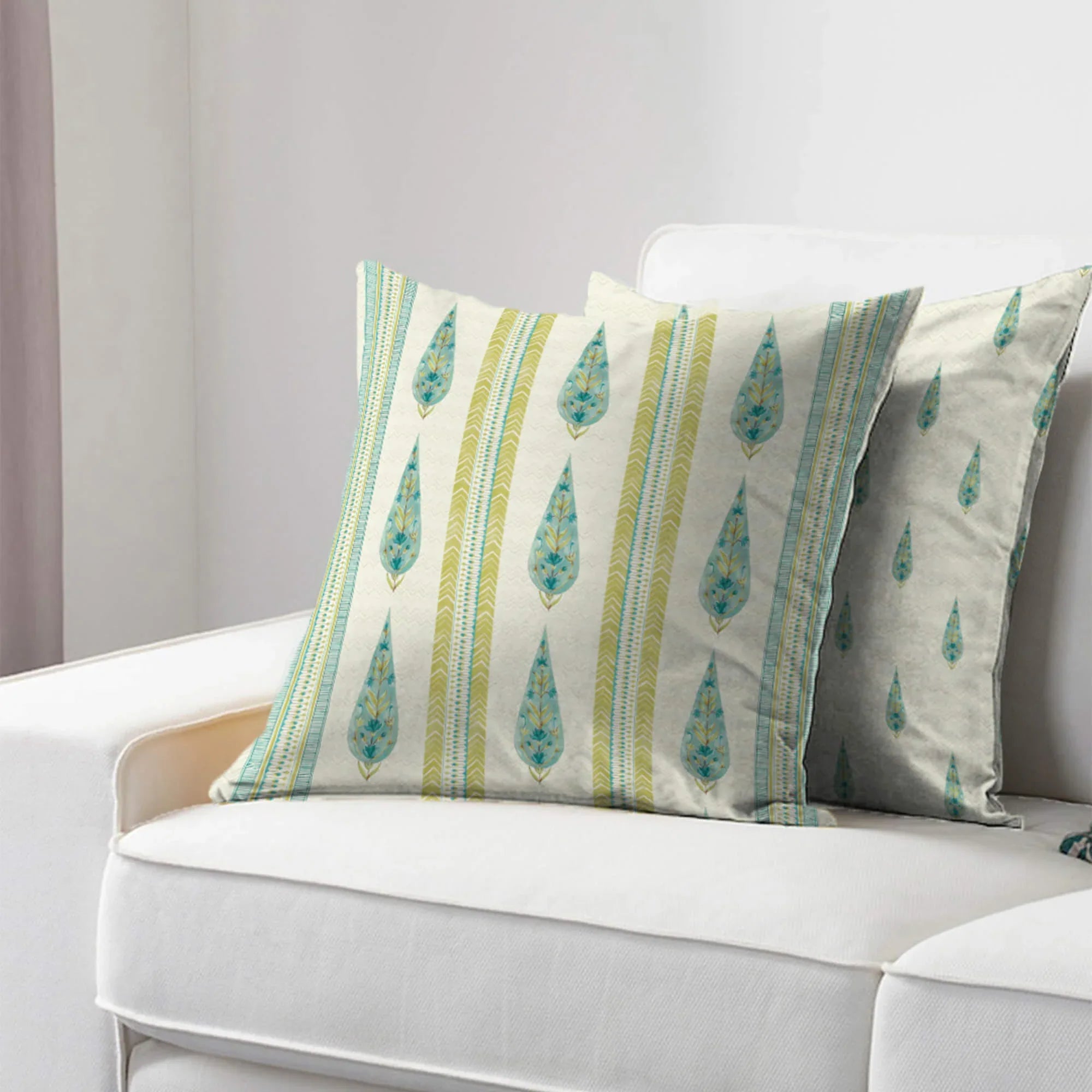 Indian Botanical Reversible Stripe Digital Printed Cushion Cover 40x40 Cm in Aqua Colour - HomeTown