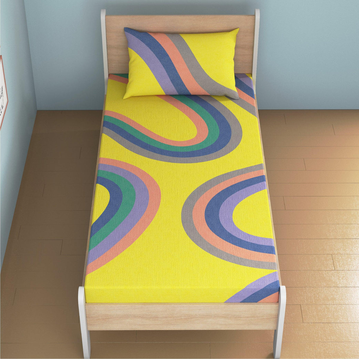 Winding Roads Bamboo Cotton Single Fitted Bedsheet in Yellow Colour - HomeTown