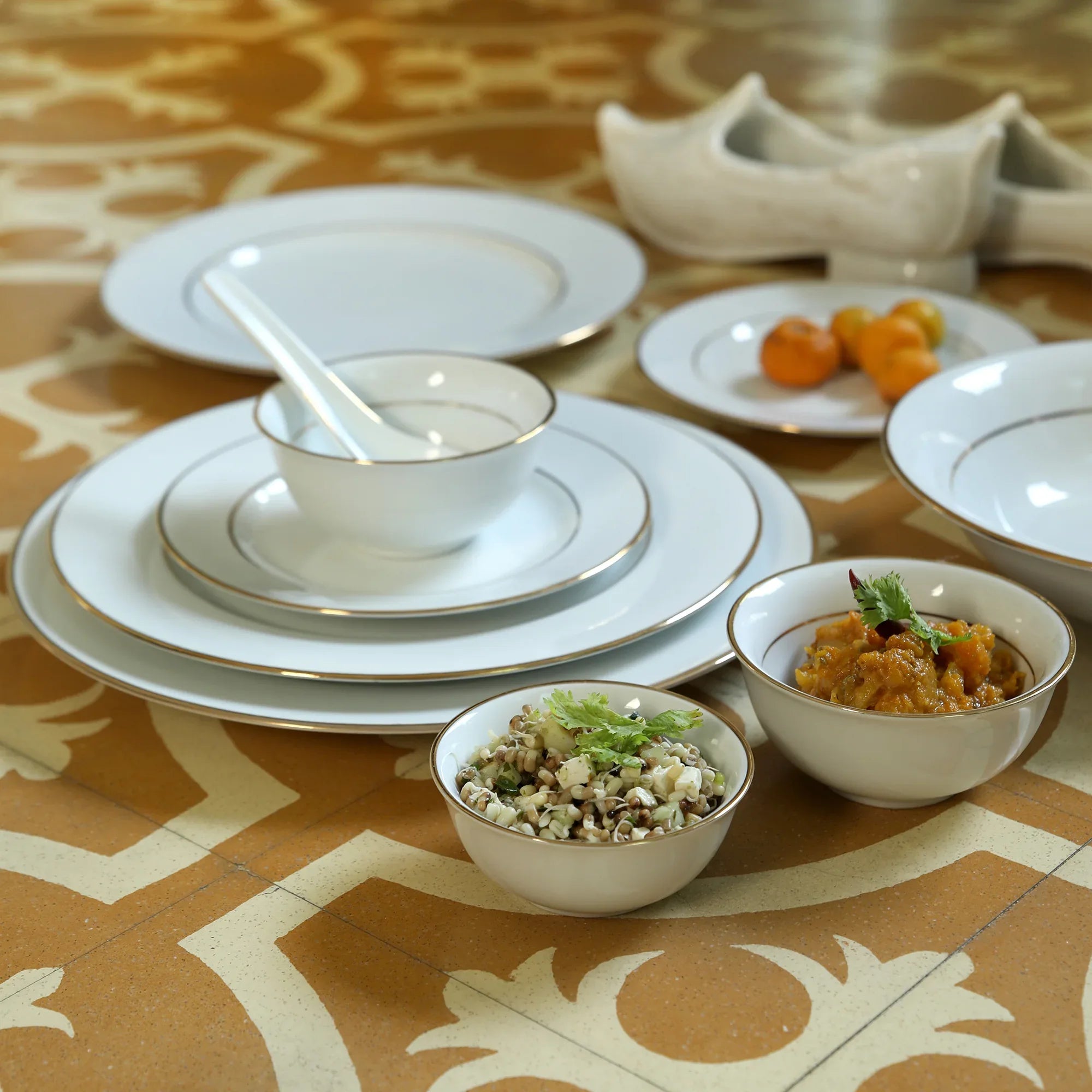 Amour Porcelain Dinner Set of 33 Pcs in Real Gold Plating & White Colour - HomeTown