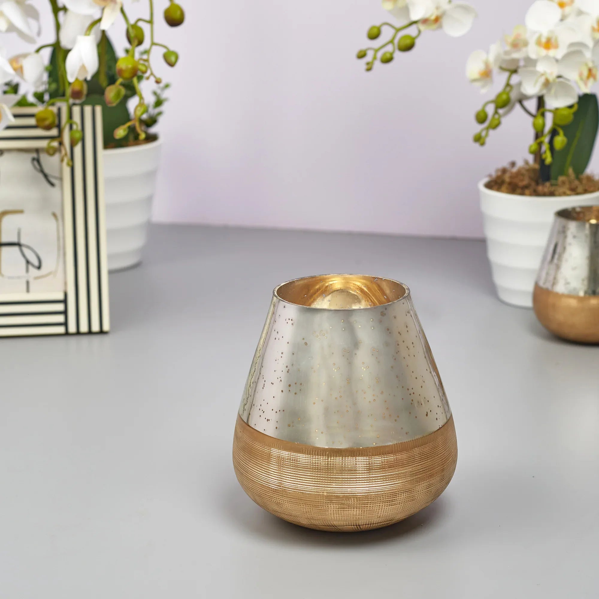 Phiona Glass Textured Handcrafted Mercury Vase 16 Cm in Gold Colour - HomeTown