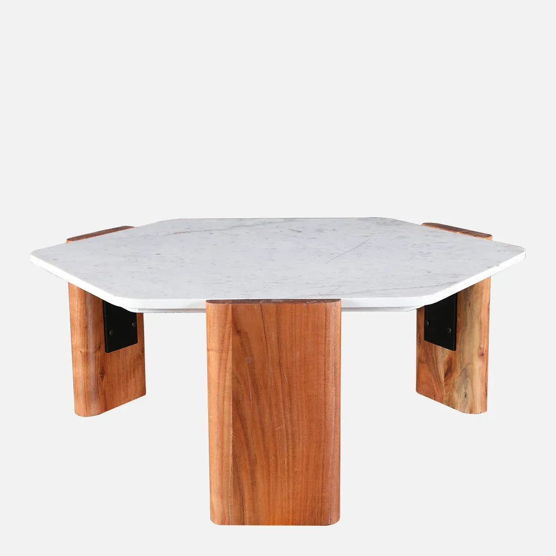 Hana Marble & Wood Center Table in White & Brown Colour