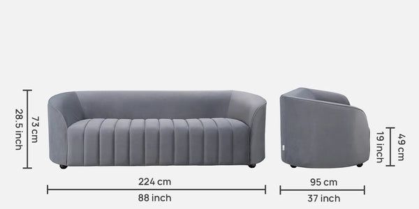 Elise Velvet Fabric Sofa | Dark Grey | 3 Seater dimensions
