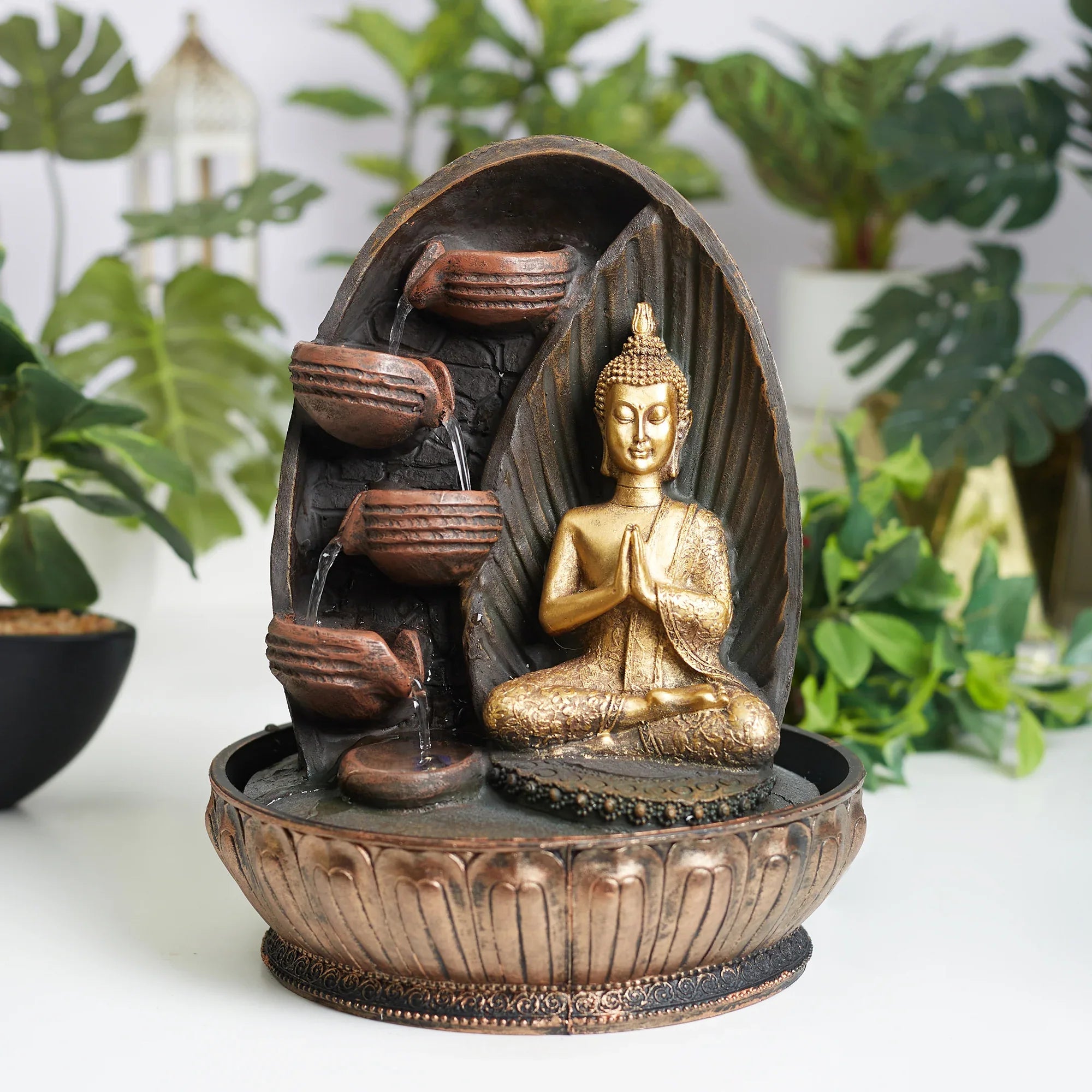 Impression Polyresin Buddha Drops Water Fountain 23x23x29 Cm in Antique Gold Colour