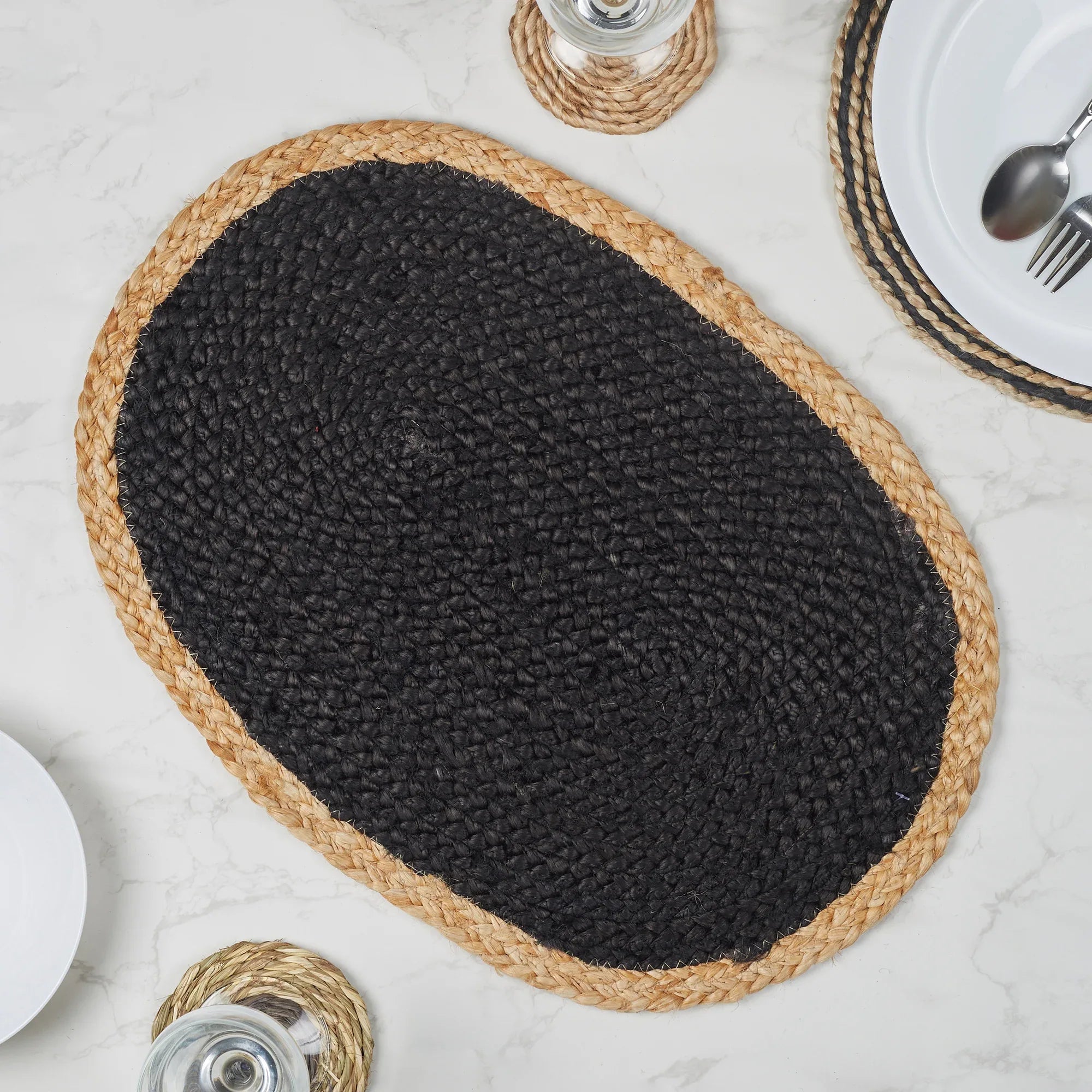 Ebony Handmade Jute Placemat 38x38 Cm in Black Colour - HomeTown