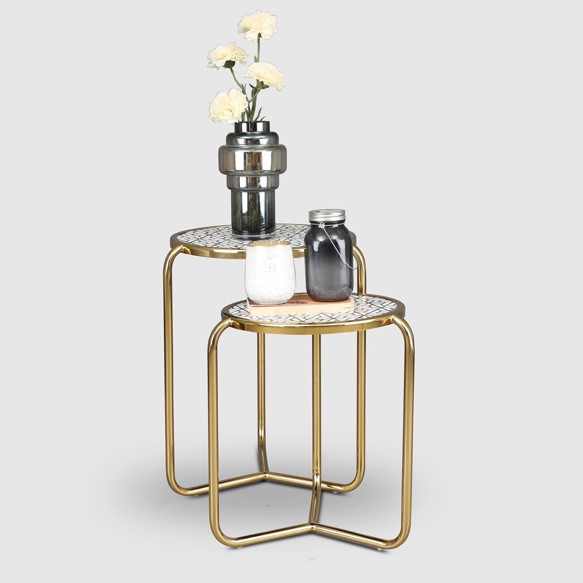 Ossein Metal Nesting Table (Set of 2) in Gold & White Colour