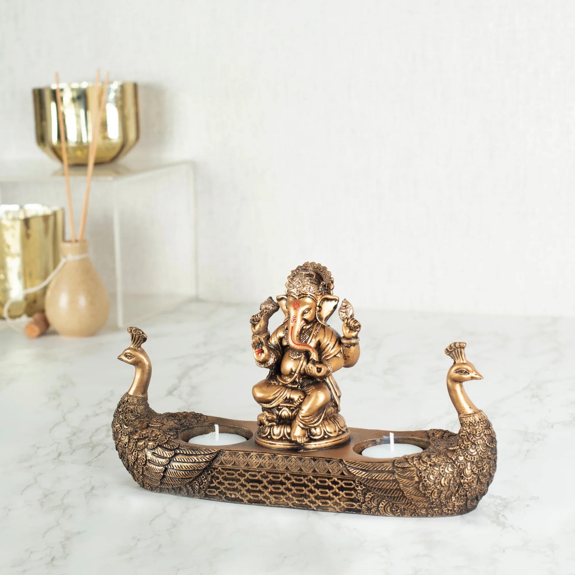 Dynast Polyresin Embellished Ganesha Hand Finished Figurine Cum Tealight Holder 14Cm in Gold Colour - HomeTown