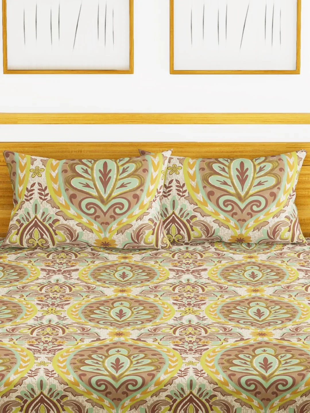 Callista Cotton King Bed Sheet 274X274 Cm in Mustard/Brown Colour - HomeTown