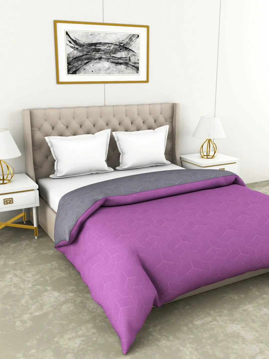 Botanical Cotton Double Comforter 229X254 Cm 210 Tc in Grey/Purple Colour - HomeTown