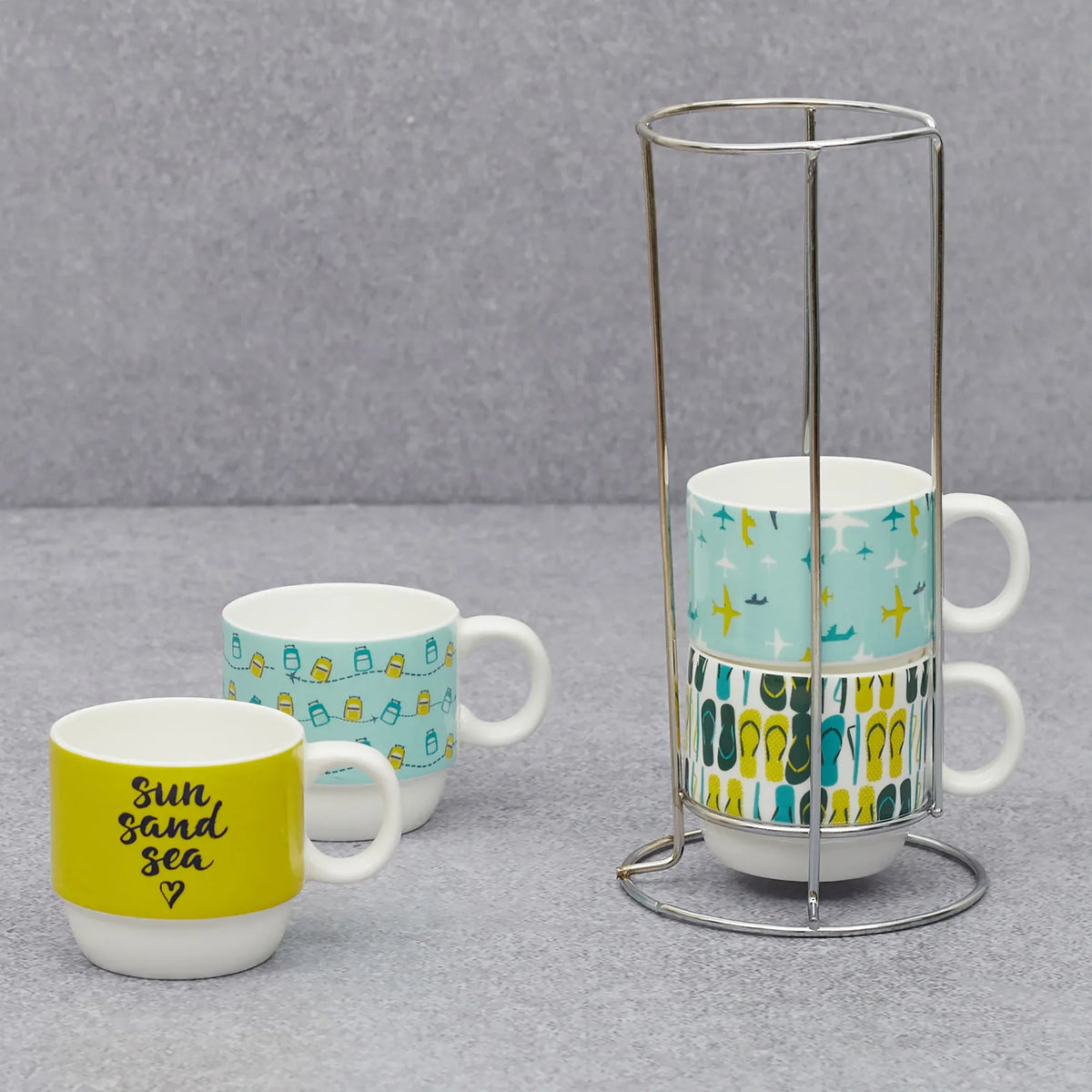 Bahamas Bone China Vacay Stackable 220 Ml Tea Mug Set of 4 with Stand in Multi Colour - HomeTown