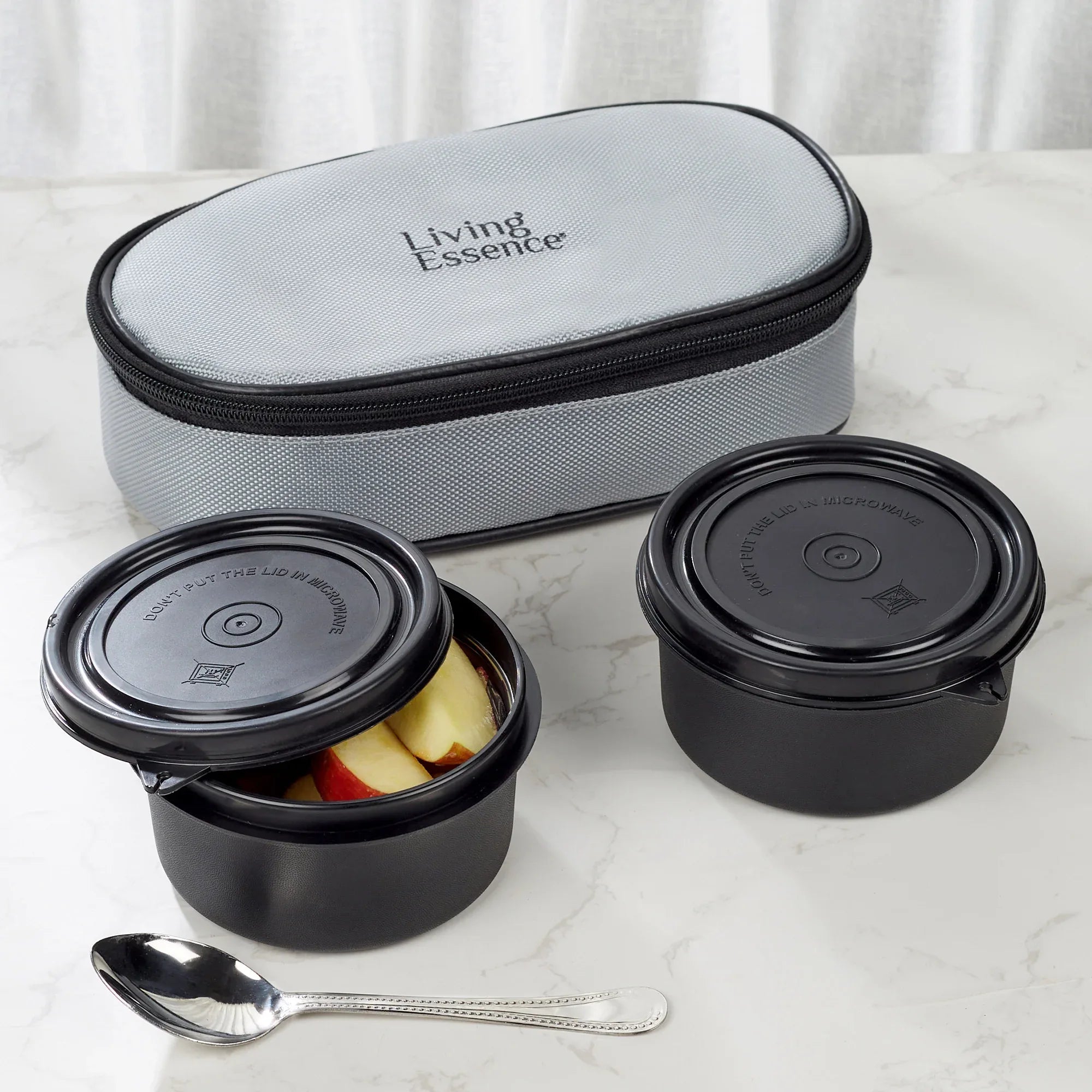 Microsafe 100% BPA Free Plastic & Stainless Steel Mega Lunch Box 400ml Set of 2 + Carry Bag in Grey Colour - HomeTown