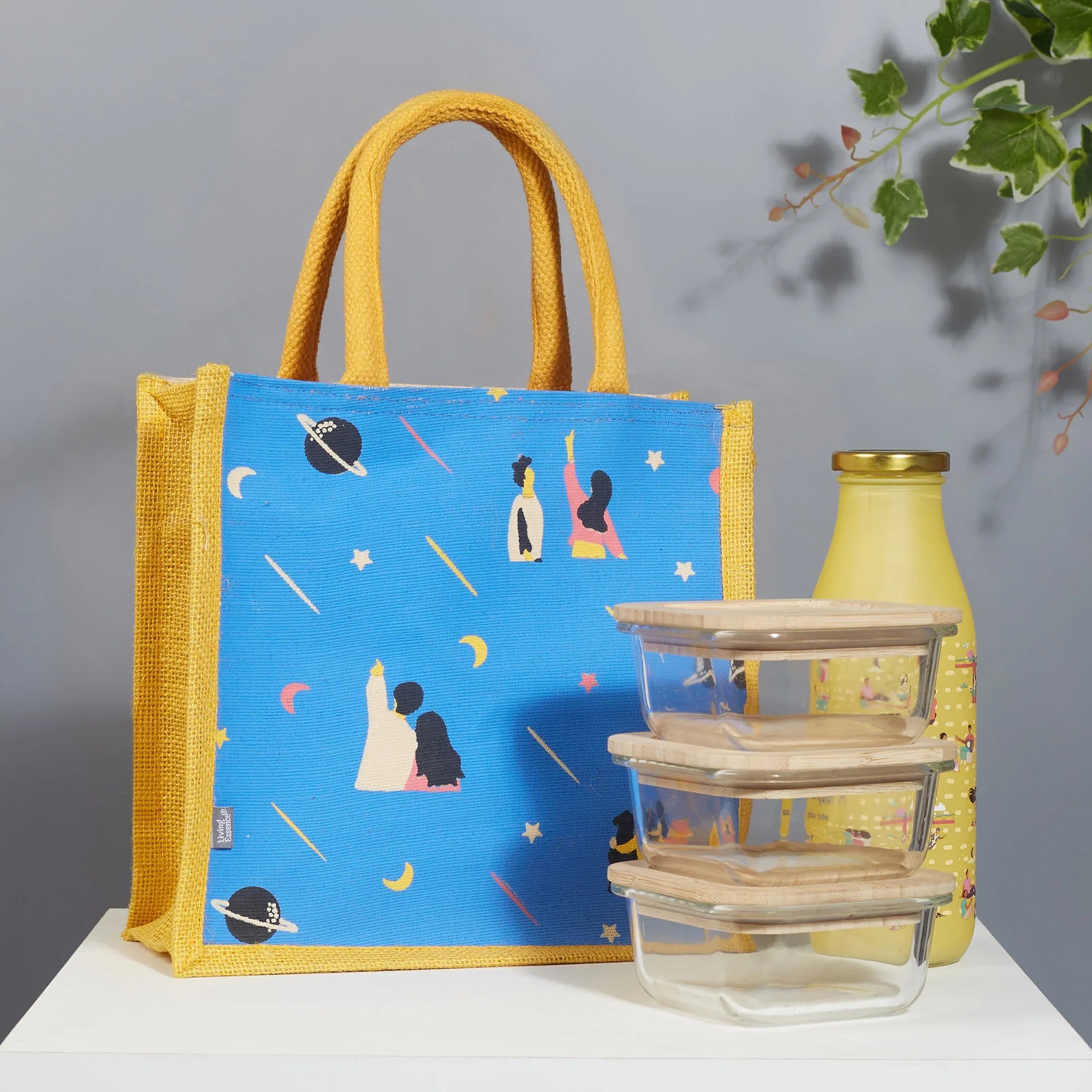 Good Life Jute Reversible Stary Night Printed Lunch Bag 25.5 x 25.5 Cm in Navy Blue & Yellow Colour - HomeTown