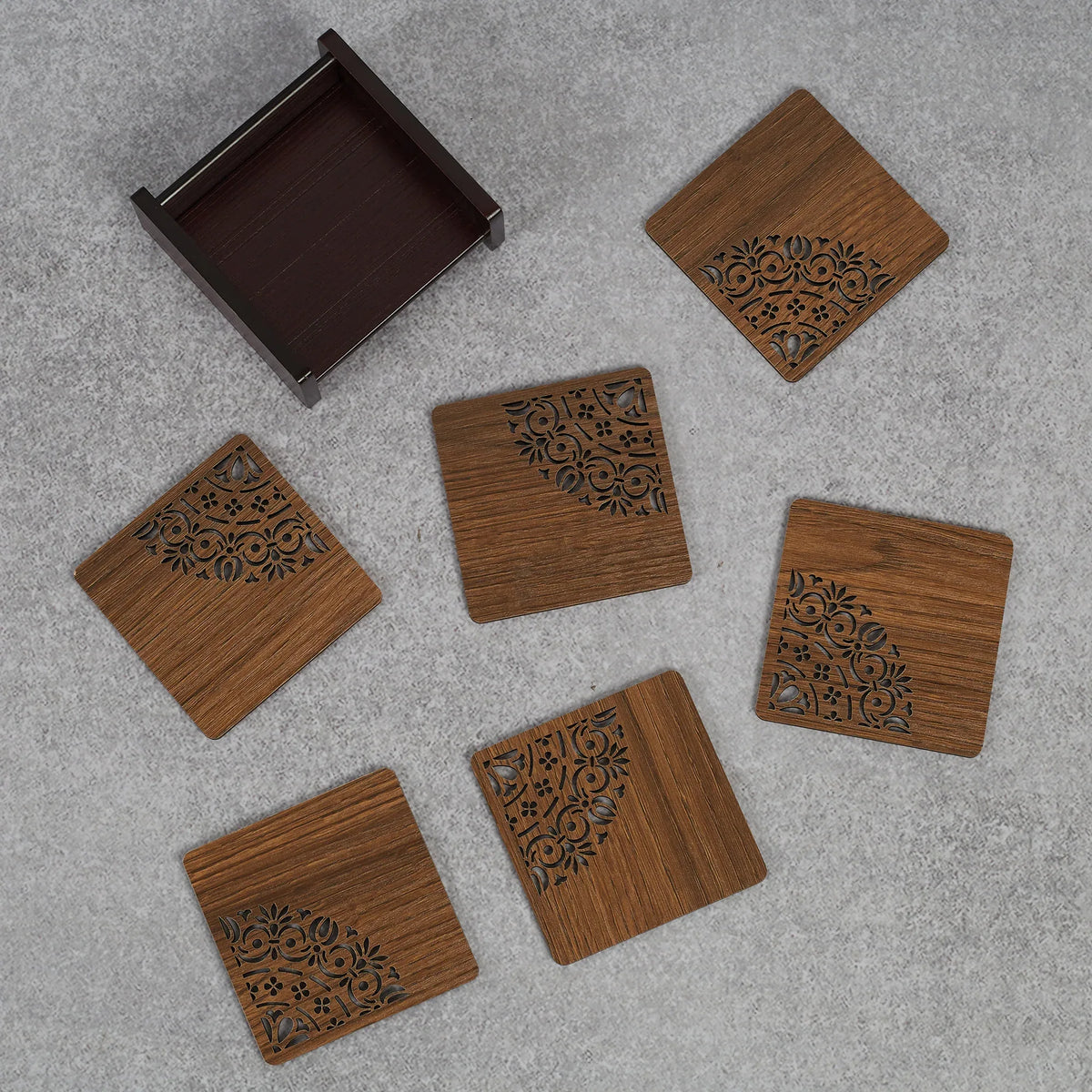 Reversible Dark Wenge Engineered Wood Coaster Set Of 6 in Multi Colour - HomeTown