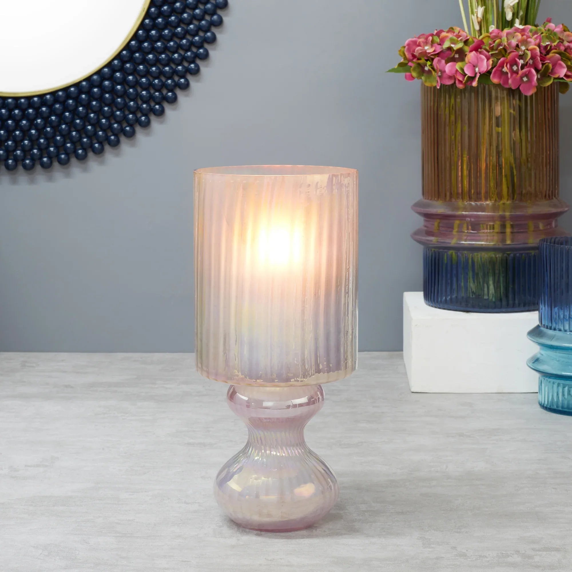 Phiona Glass Fluted Handcrafted Hurricane 33 Cm in Blush Colour - HomeTown