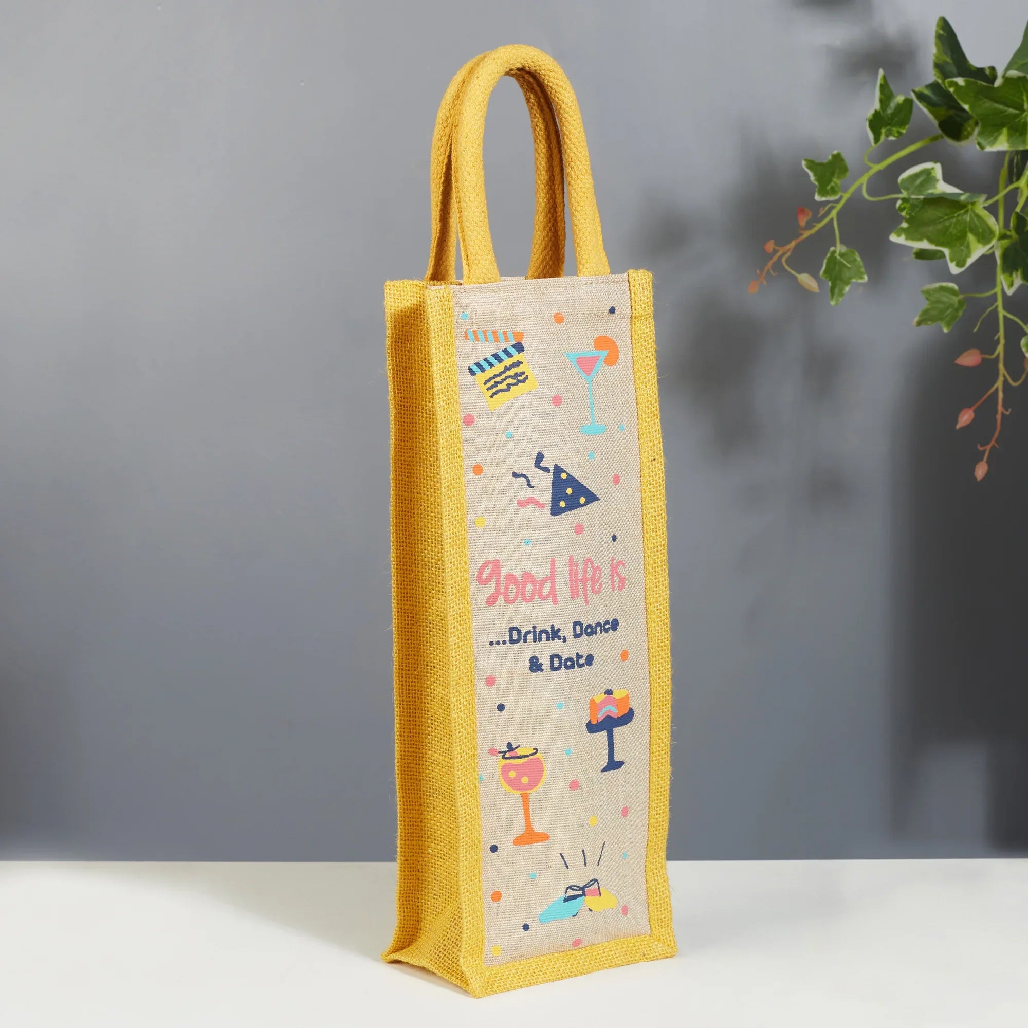 Good Life Jute Reversible Dessert Printed Bottle Bag 12 x 35.5 Cm in Yellow Colour - HomeTown