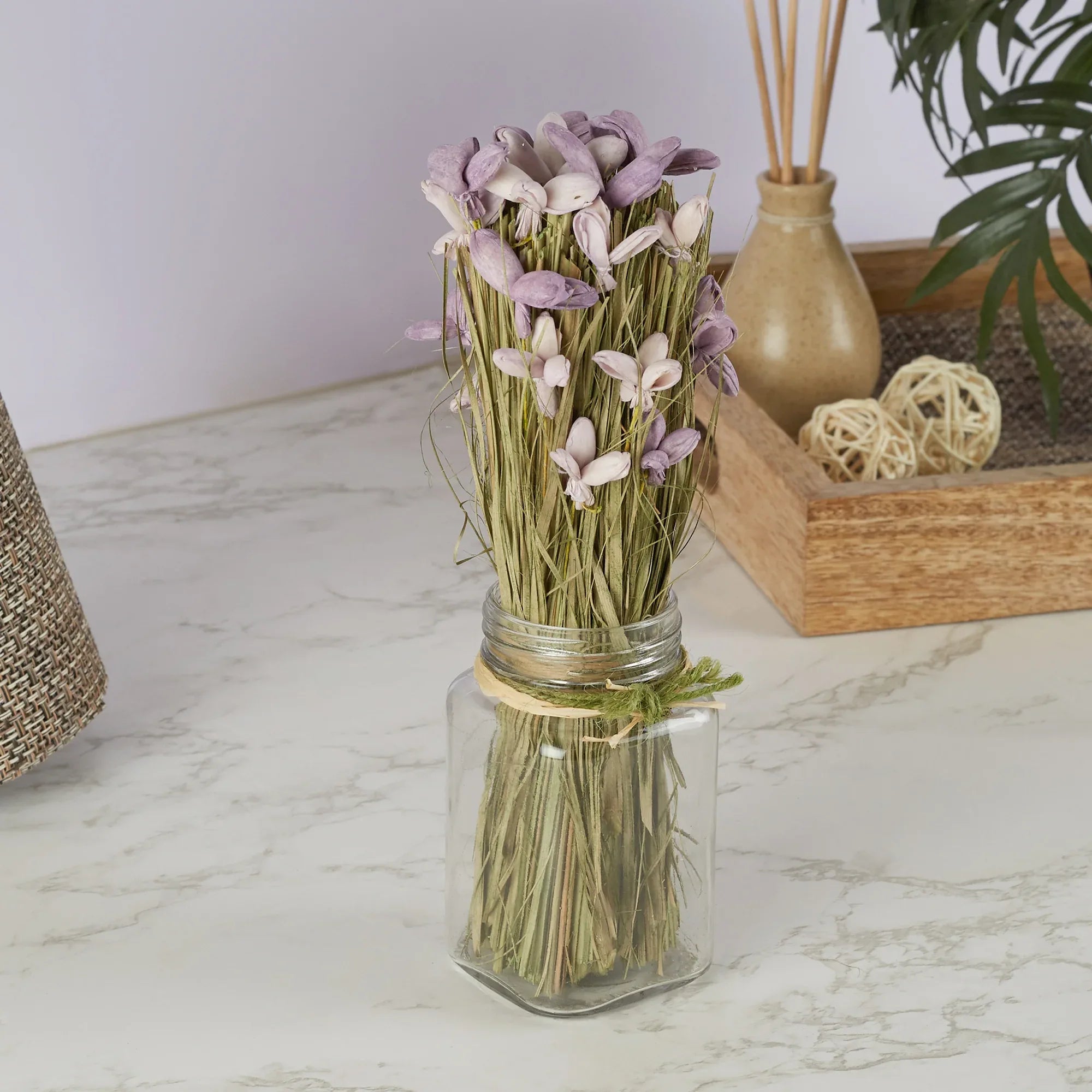 Fleur Dried Floral Arrangemet In Glass Jar 18 Cm in Purple Colour - HomeTown