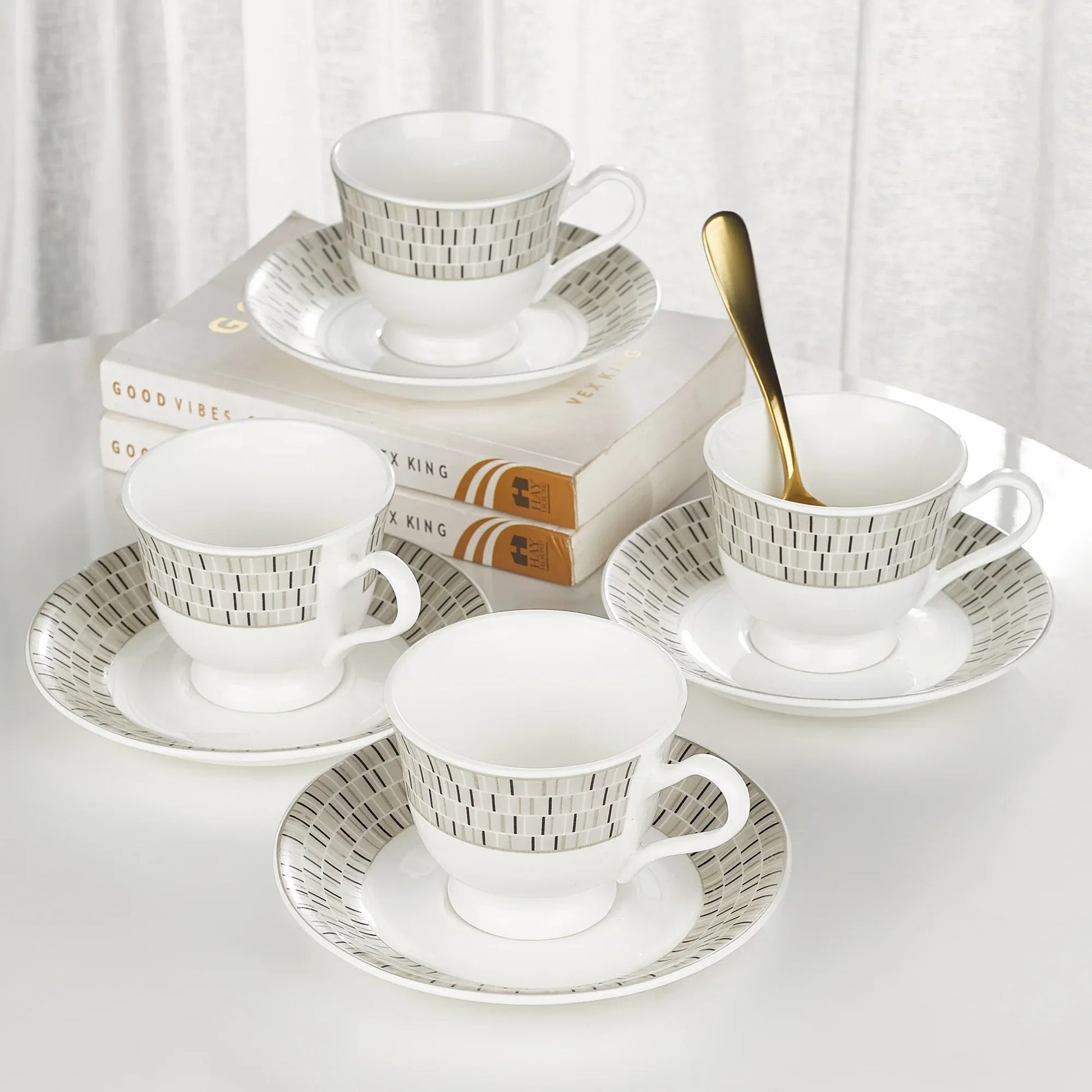 Nora Blocks Bone China Cup & Saucer 170 Ml in White Colour - HomeTown
